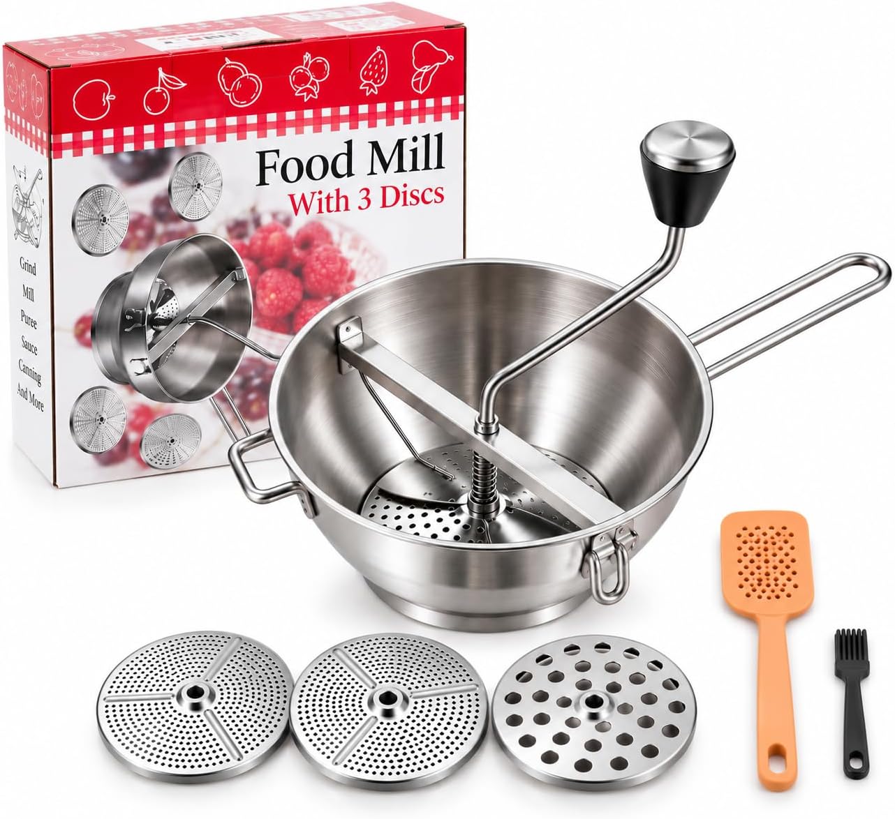 Stainless Steel Food Mill with 3 Discs| Food Mill for Tomatoes and Canning| Tomato Mill for Sauce| Food Strainer and Potato Ricer for Mashed Potatoes, Baby Food and Purees