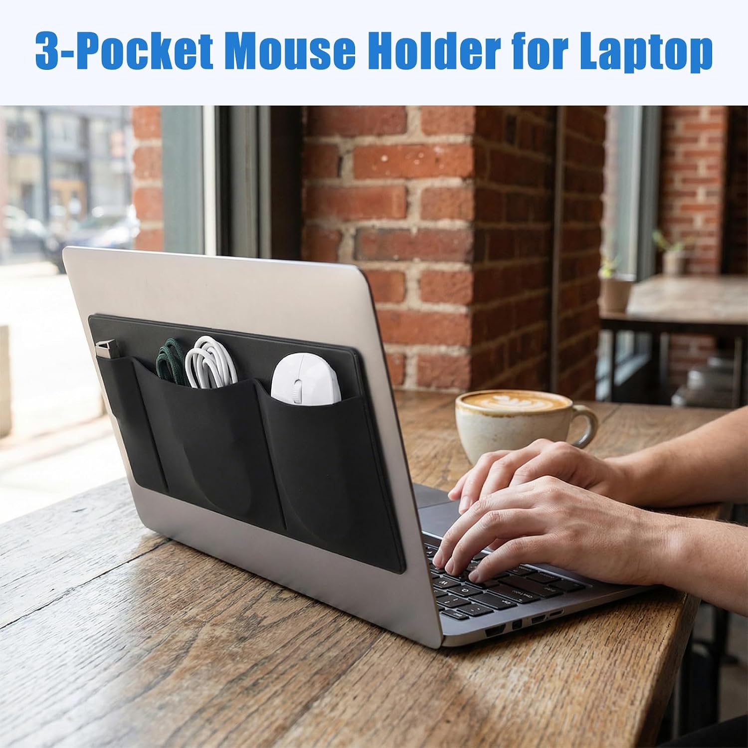 3-Pocket Mouse Holder for Laptop Stick on, Reusable Adhesive Mouse Pouch for External Hard Drive, HDD, SSD, USB Drive, Cables, Black Computer Pocket for MacBook iPad Tablets, 10.7 x 5.5 in