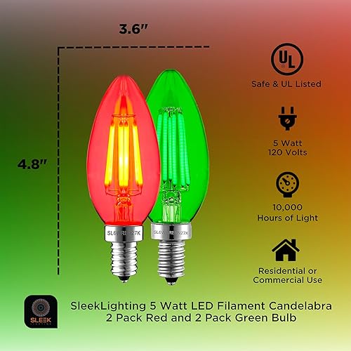 Miniatura 2 de SLEEKLIGHTING Bombilla LED de filamento E12 de 5 W, (repuesto incandescente de 60 W), punta de torpedo de candelabro, cubierta de vidrio