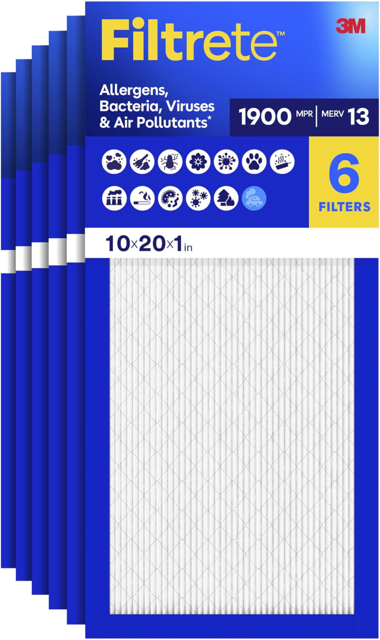10x20x1 Air Filter, MERV 13 MPR 1900, Allergens, Bacteria, Viruses & Air Pollutants, 3-Month AC/Furnace Filters, Cleaner Air Reliable Airflow, 6 HVAC Filters(Act Size 9.81x19.81x0.78 in)