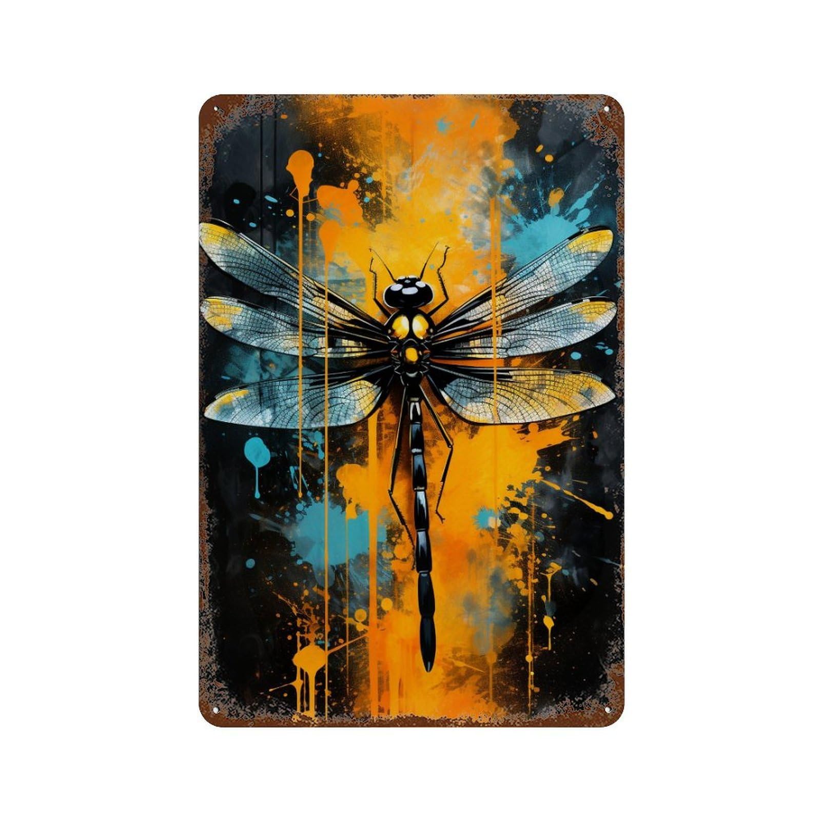 Dragonfly Art Print Vintage Rust Metal Sign 11.8"x7.9", Shabby Chic Decor for Living Room, Hallway And Home Decor