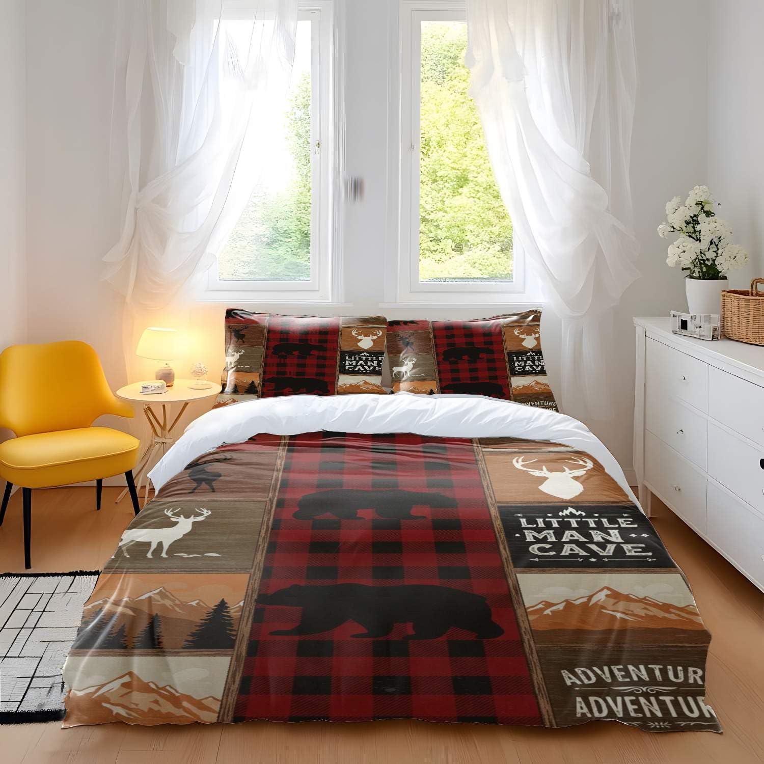Juego de funda de edredón con estampado de oso y ciervo a cuadros rojos y negros, ropa de cama para niños, ropa de cama de aventura al aire libre para niños, 3 piezas, diseño de estilo vintage (01