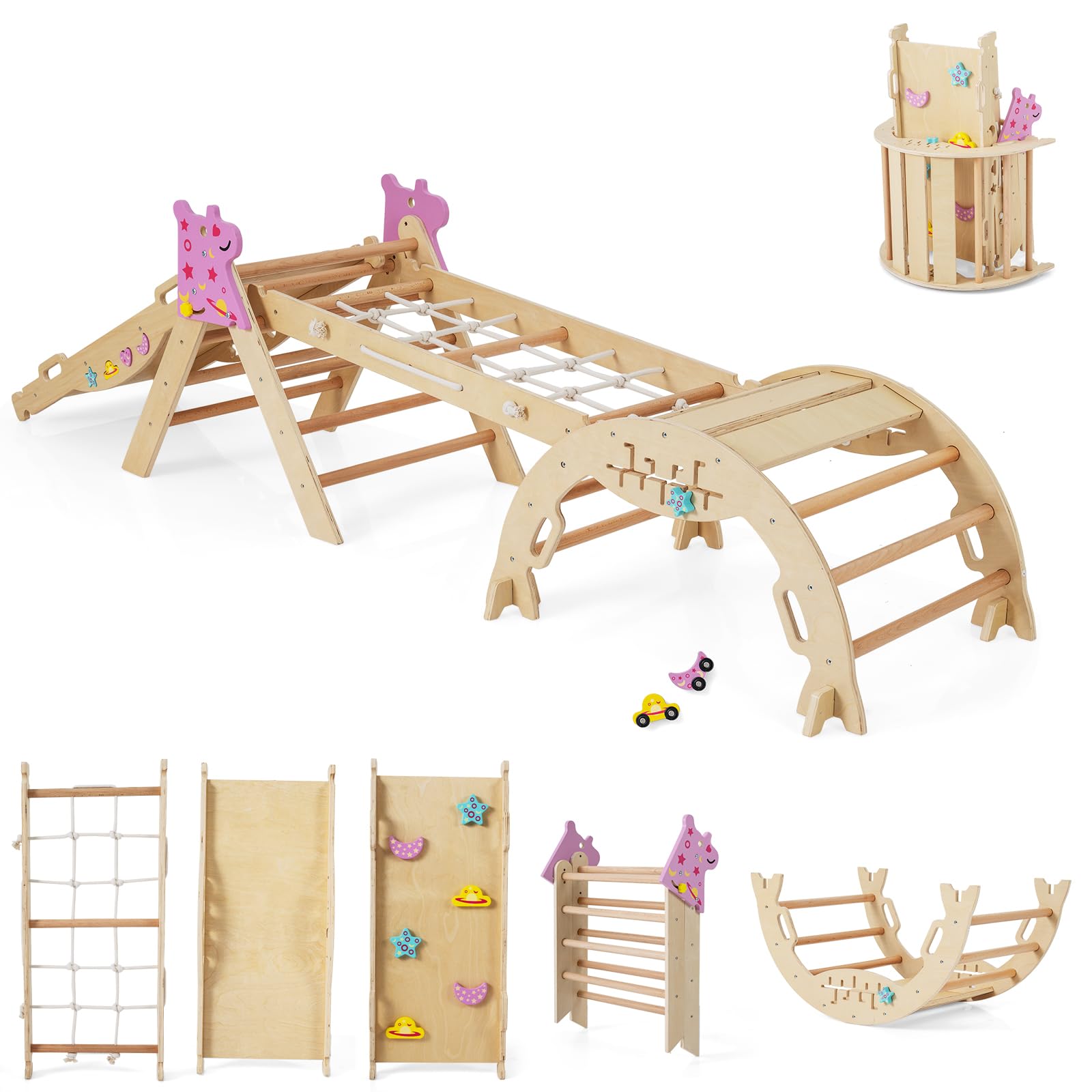 RELAX4LIFE Set da Arrampicata per Bambini, Triangolo di Arrampicata con Scivolo e Arco, Gioco di Incastri in Legno, Gioco Montessori per Bambini 1+ Anni