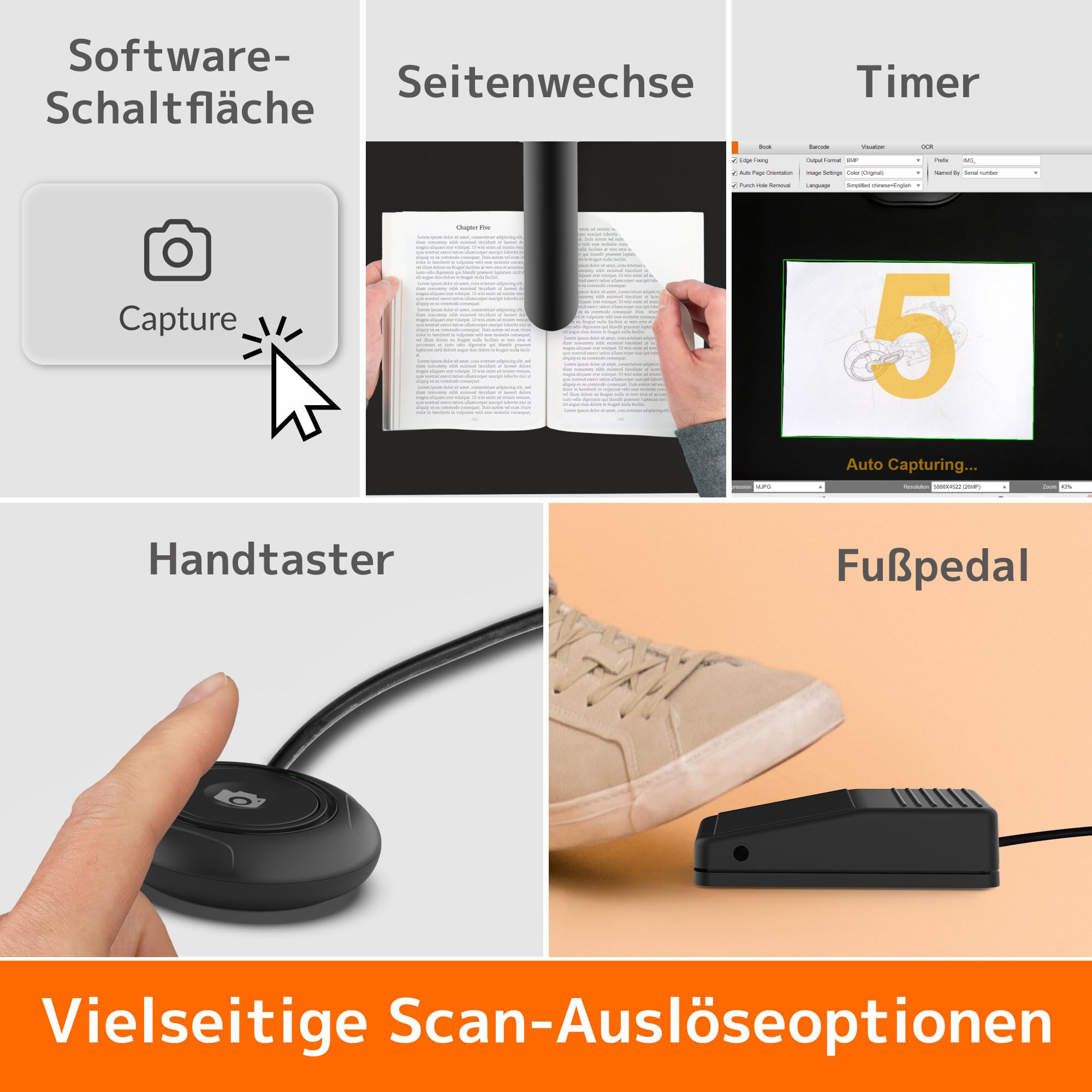 Innex DS200 USB Buchscanner, 26MP, A3-Dokumentenscan, OCR 120+ Sprachen, Auto-Glättung & Begradigung, Fingerentfernung, Mikro & LED, Handtaste & Fußpedal, Win/MacOS