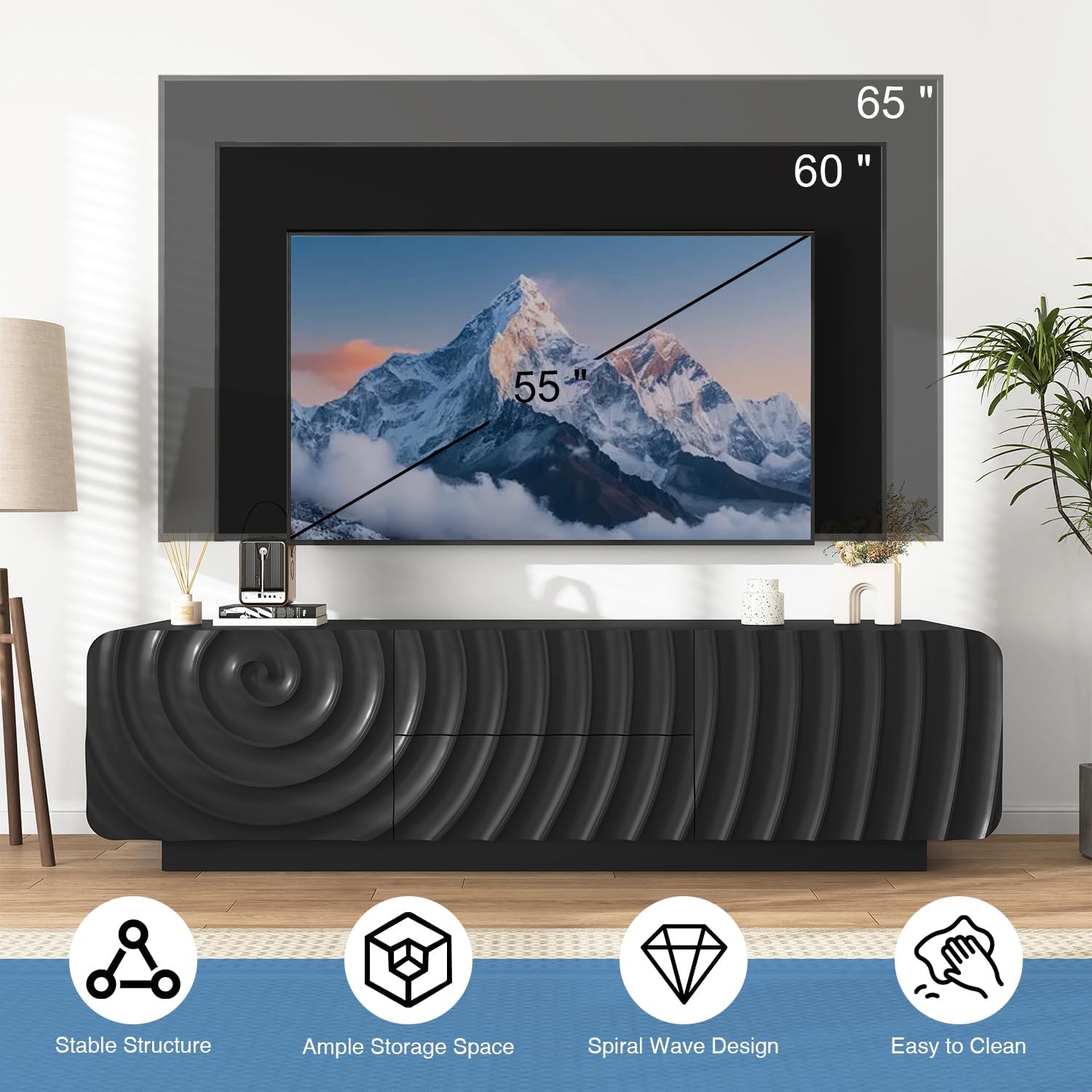 TV stand for 65'' TV , Media Console Table with Storage Cabinet, Spiral Wave Design,Low Profile Credenza for Living Room,Entertainment Center Television Stand with Curved Corner for Bedroom,Black