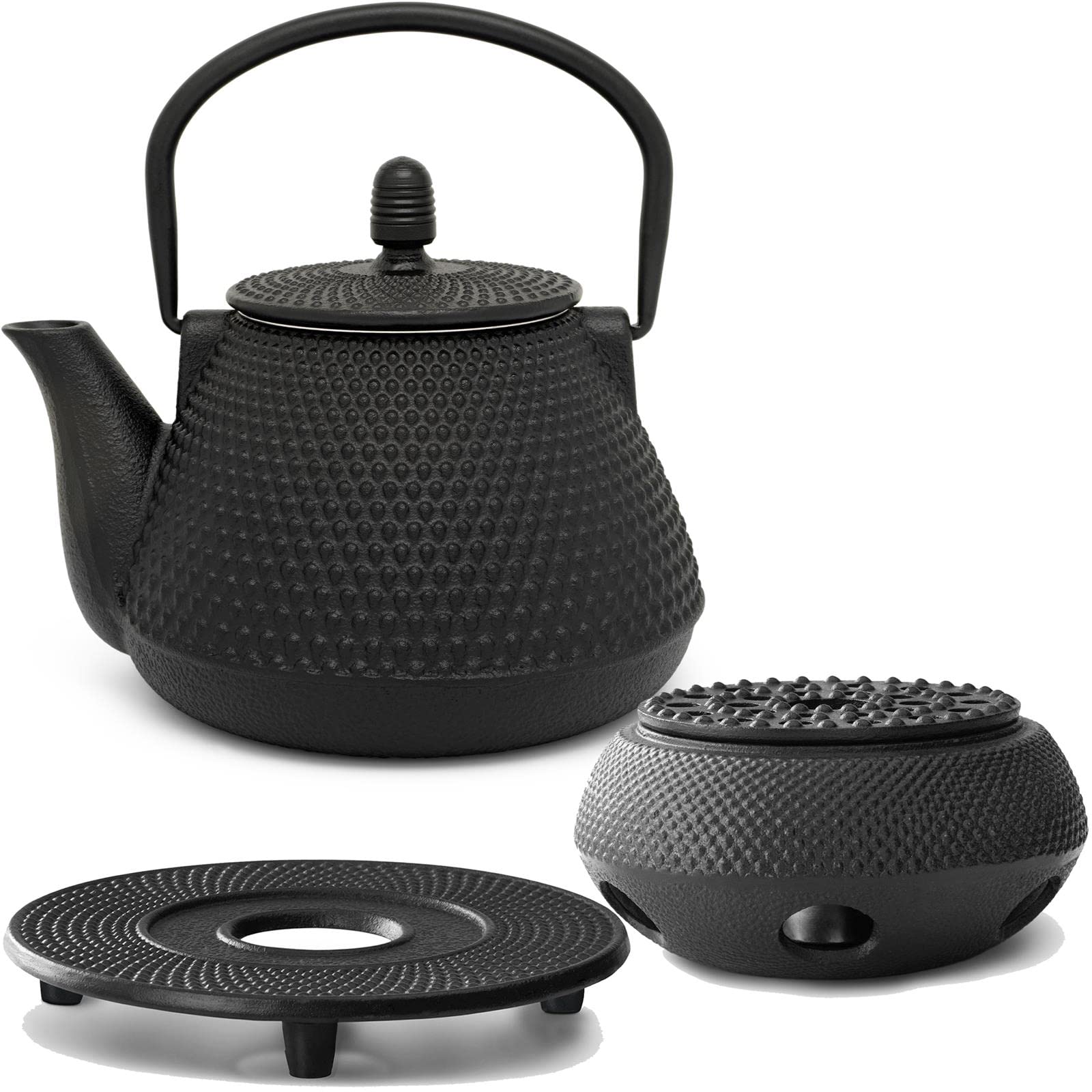 Bredemeijer Teekanne asiatisch Gusseisen Set 0.8 Liter - schwarze Gusskanne mit Henkel & Edelstahl Tee-Filter Sieb-Einsatz für losen Tee & Stövchen & Untersetzer