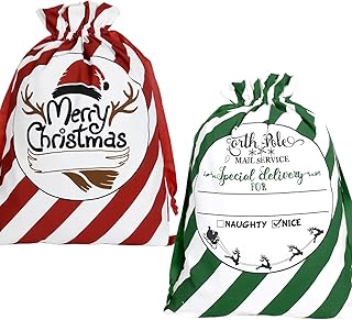 HBell 2Pcs Extra Large Santa Sack with Drawstring Large Personalized Christmas Sacks for Kids,Santa and Elk Present Sacks,Reusable Xmas Canvas Gift Bags for Christmas Decorations (Red Green)
