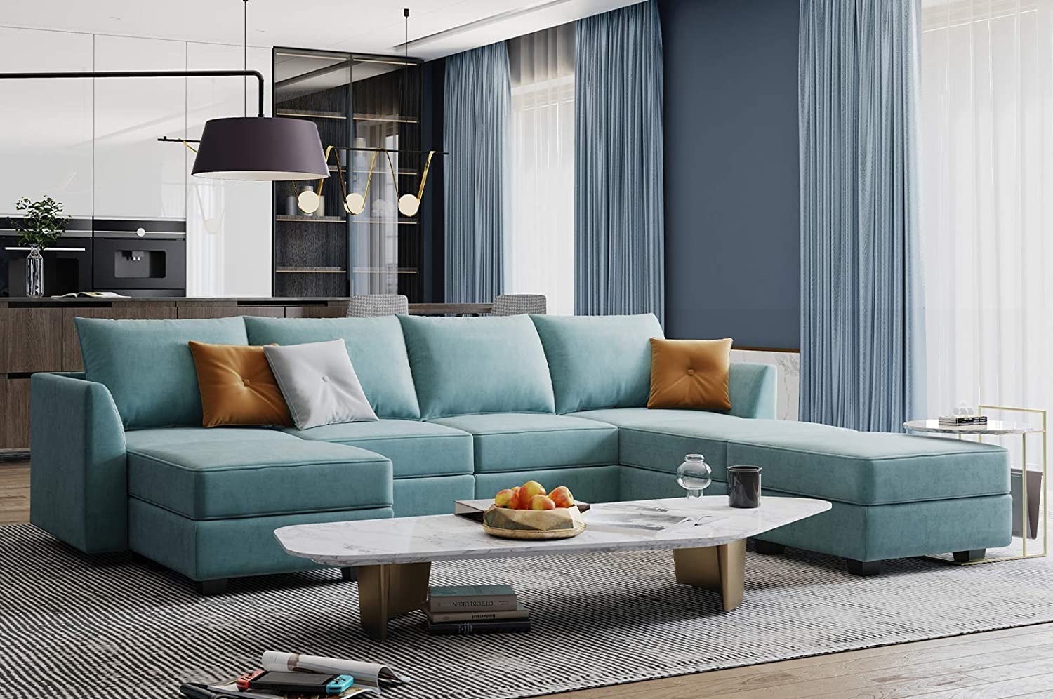 Clarissa 7 Seater U Shape Sectional Sofa for Living Room (Aqua Blue)-image-20