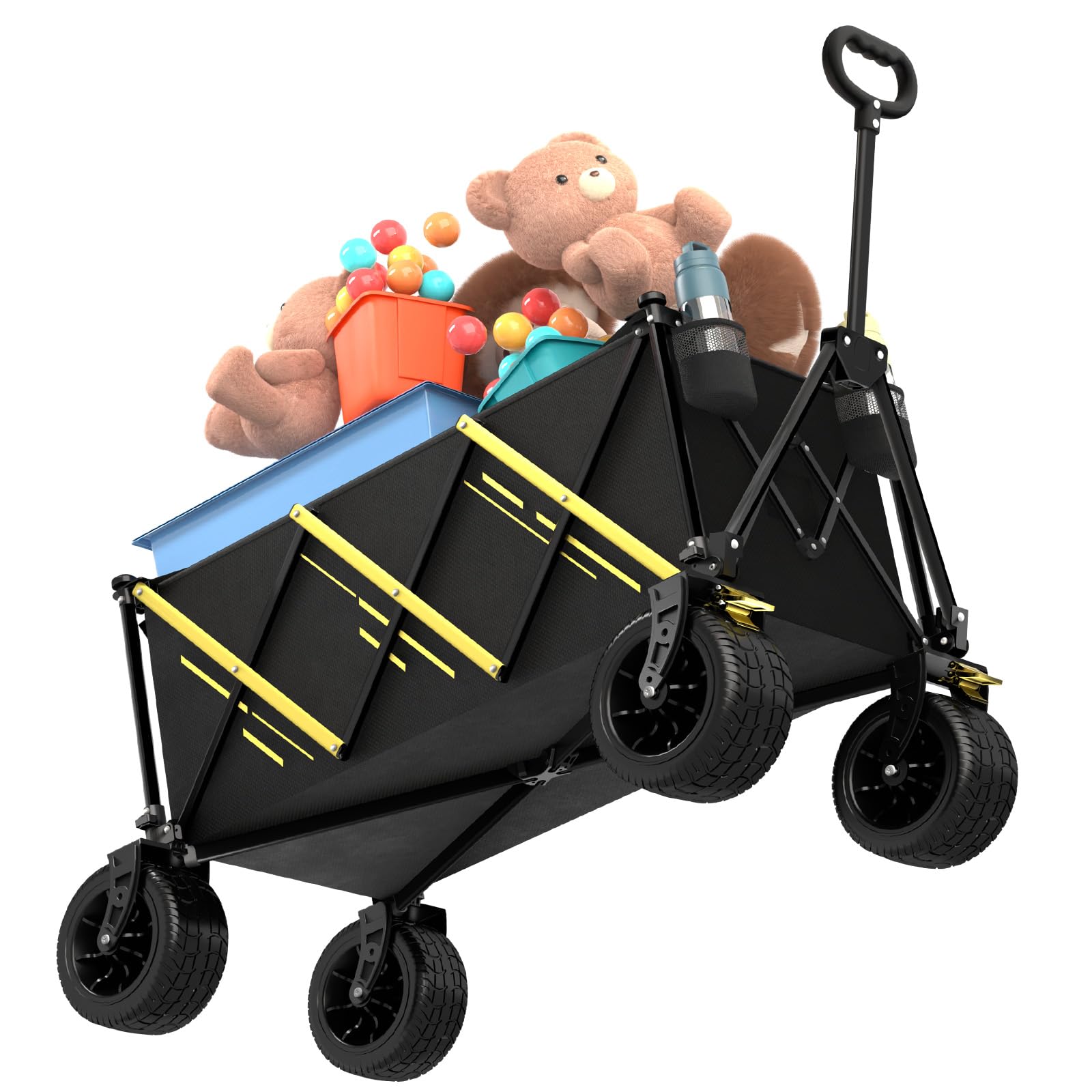 Carrelli pieghevoli, per raccogliere carichi pesanti da giardino, carrello portatile, carrello per animali domestici, con grandi ruote da spiaggia e portabevande per sport, shopping, campeggio
