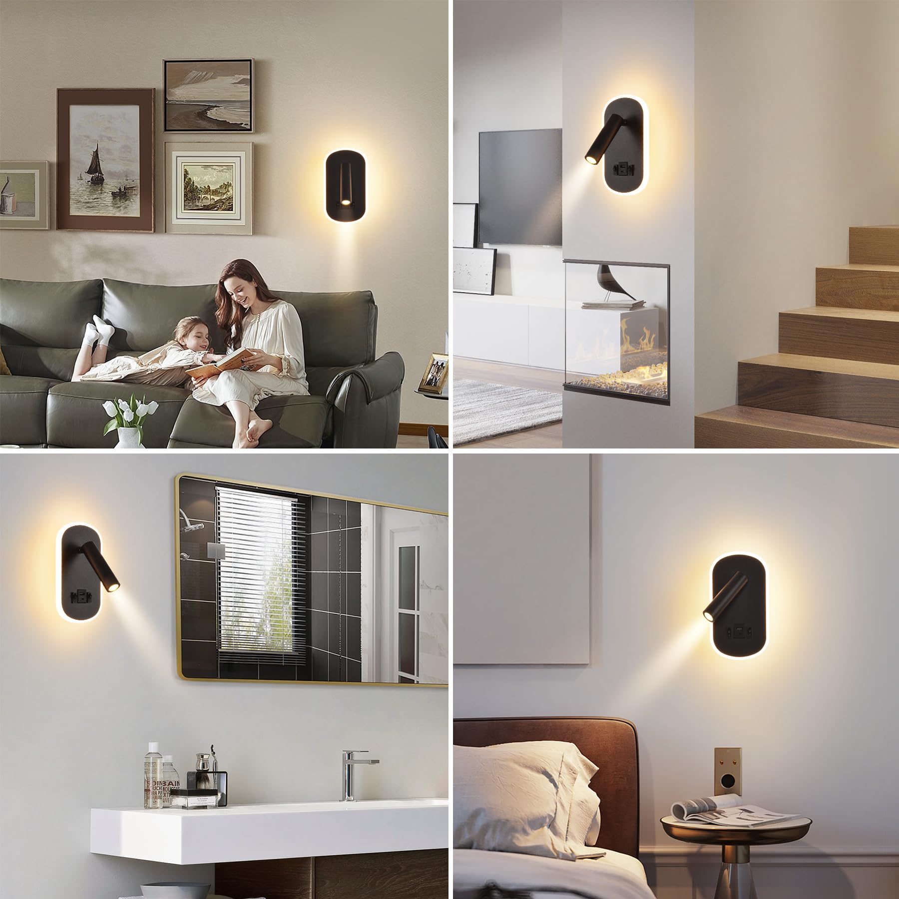 LED Liseuse de chevet,Applique Murale avec interrupteur,USB + TYPE C port de charge Luminaire Murale,3W 3000K + 9W 6000K éclairage d'ambiance de chambre à coucher,Spot réglable Lampe de Lecture Noir