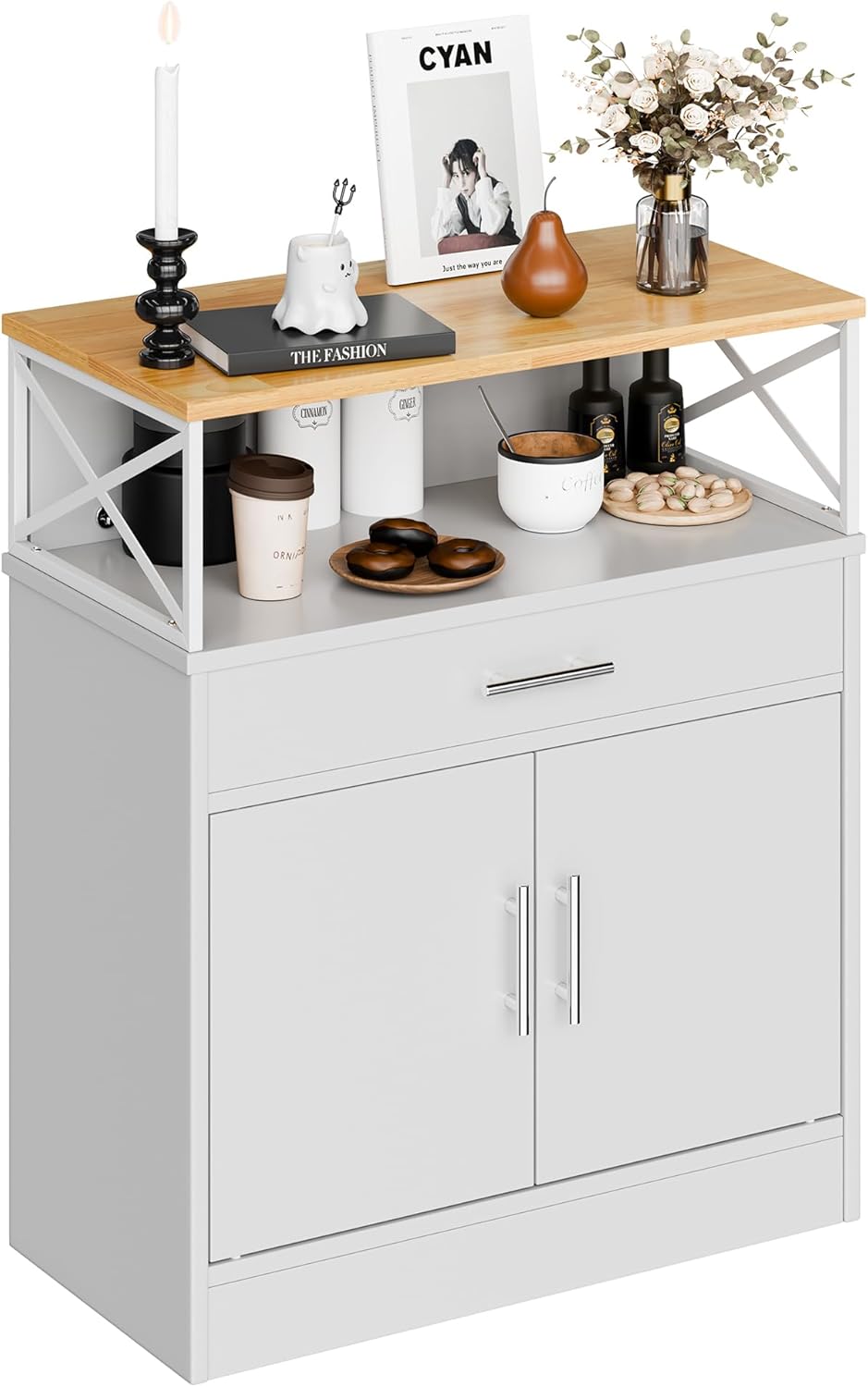 SUNLEI Kitchen Buffet Sideboard Cabinet, Storage Cabinets with 2 Doors and 1 Drawers, Open Storage & Adjustable Shelf, Farmhouse Coffee Bar Cabinet for Kitchen, Rustic White & Yellow