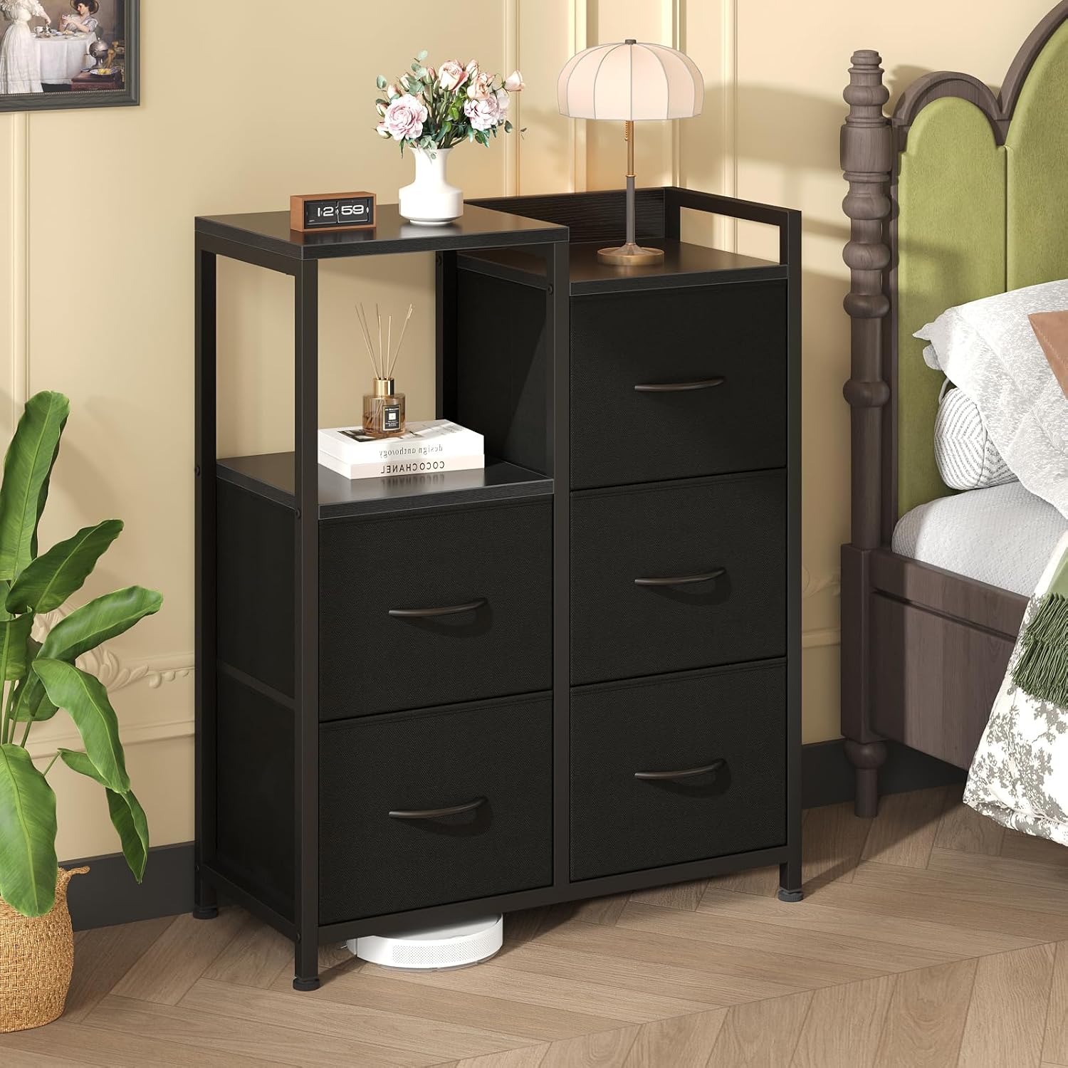 OLIXIS 5 Drawer Fabric Dresser with Side Cabinet & Open Shelf, Storage Organizer Tower with Raised Top, Chest of Drawers for Bedroom, Closet, Hallway, Entryway & Living Room, Black