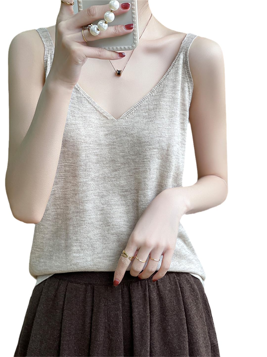 Primavera y otoño Mujeres Cuello en V Color sólido Suelto All-Match Camiseta sin mangas Top Camisola