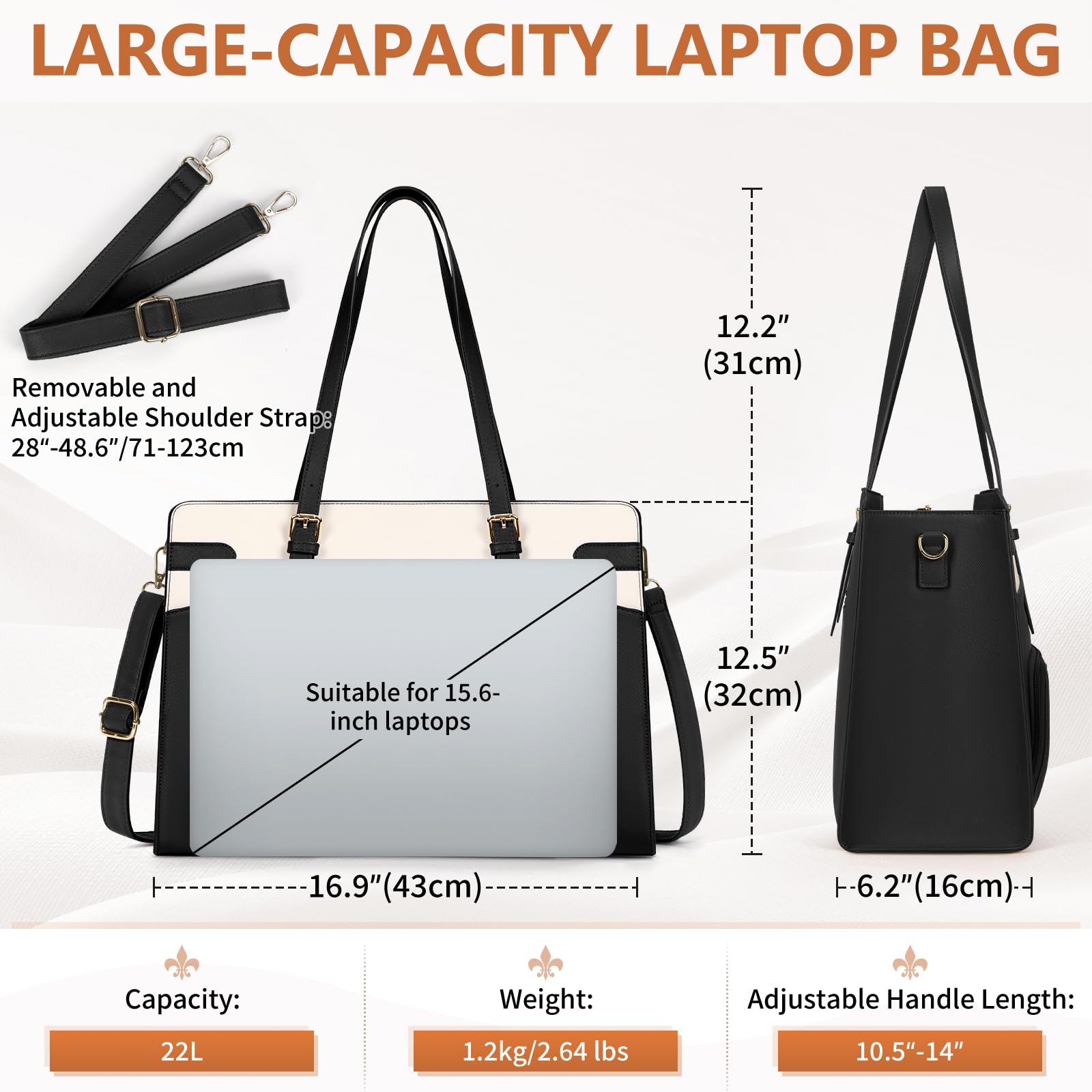 RAINSMORE Laptop Bags for Women with Insulated Lunch Compartment Work Tote Bag 15.6 inch Large Laptop Handbag PU Leather for Office Business College — view 7
