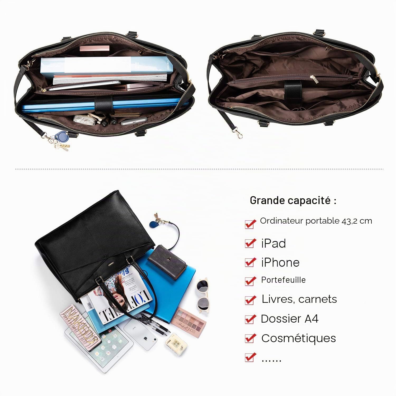 LOVEVOOK Sac pour ordinateur portable femme 17 pouces, Sac à main femme Sac de travail Sac d'enseignant Grand, Imperméable Sac shopping Sac à bandoulière Porte-documents Sac bandoulière Tote Bag pour