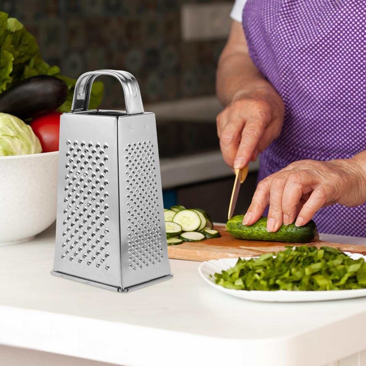 CALLARON Cheese Grater - Stainless Steel Vegetable Grater with Handle, 4-Sided Multifunction Kitchen Box Garlic Slicer, for Cheese, Potato, Fruit & Vegetable 6.5 x 3.5 x 2.5 inch