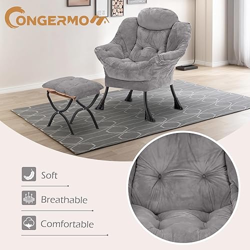 Miniatura 4 de Silla perezosa con otomana plegable, sofá de ocio, sillón de tela suave con reposabrazos y bolsillos laterales, silla de lectura con reposapiés para