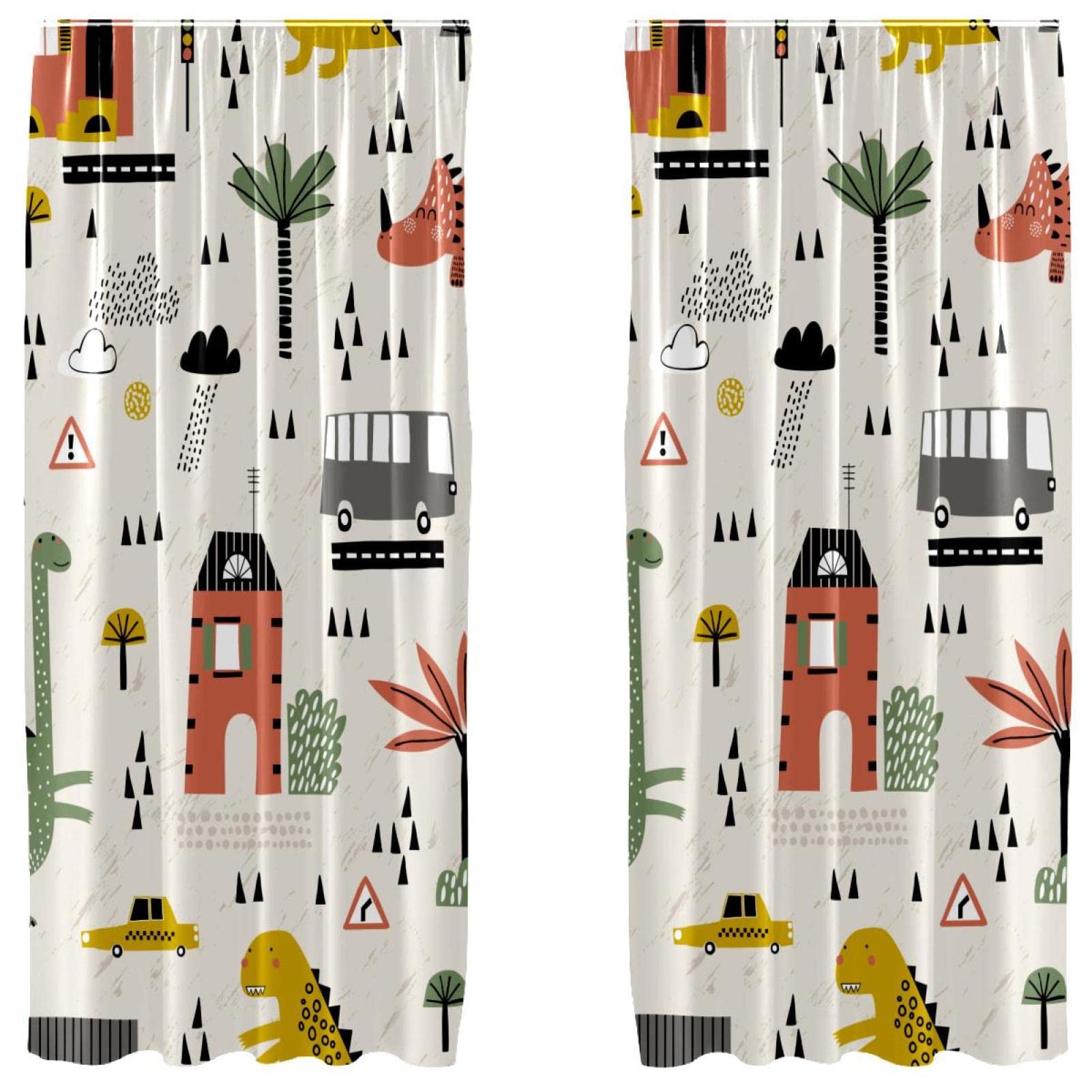 Rideau dinosaure pour chambre enfant lot de 2 grands panneaux décoratifs avec bus et arbres