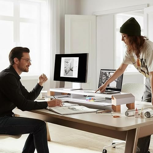 Miniatura 8 de Fenge Soporte de monitor para escritorio, elevador de monitor doble de 39 pulgadas para 2 monitores, estante de escritorio de madera maciza con