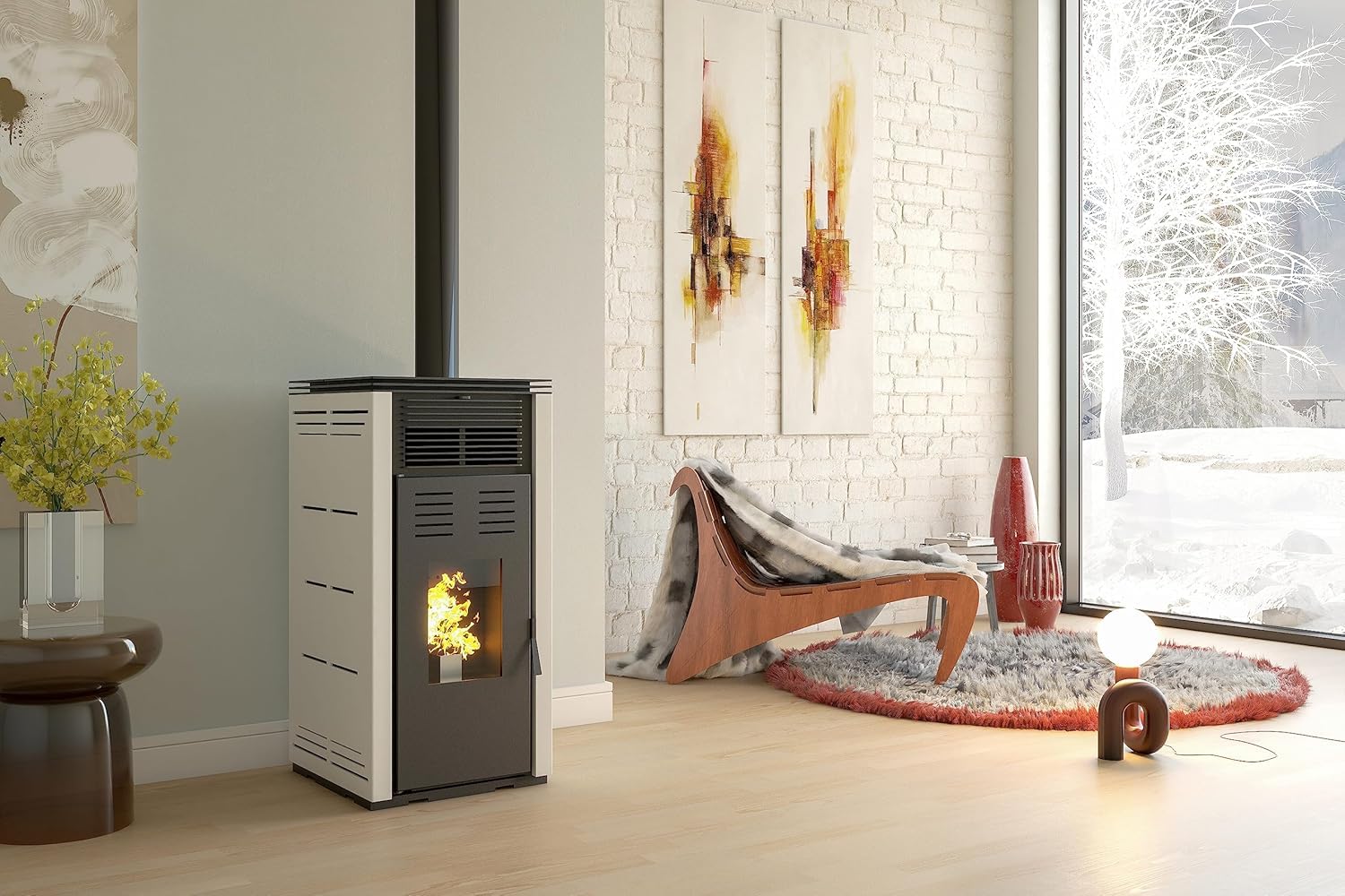 Poêle à granulés sans électricité modèle Natur Style 8 kW. Fonctionne sans connexion électrique. Couleur blanche
