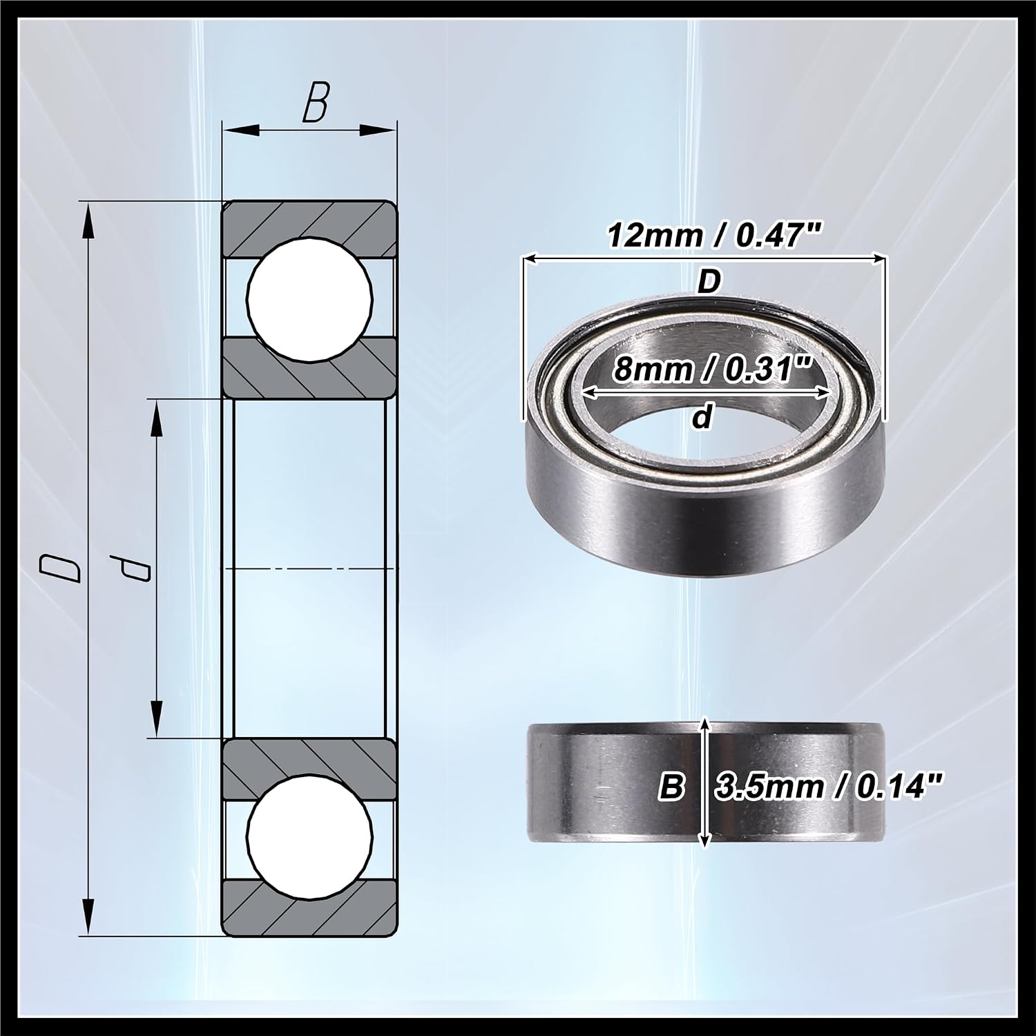 MR128ZZ 8x12x3.5mm Double Metal Shield Single Row Deep Groove Ball Bearings Silver Tone - Pack of 20 Durable Material