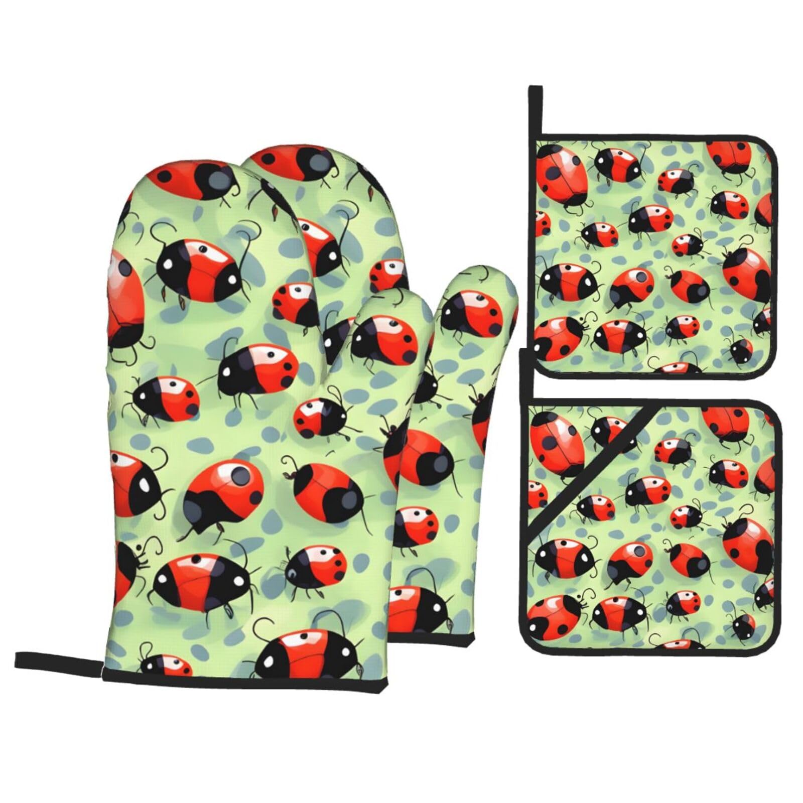 Ladybugs Cartoon Print 4-Piece Oven Microwaving Set Kitchen Gloves for Holiday Cooking Baking Grilling