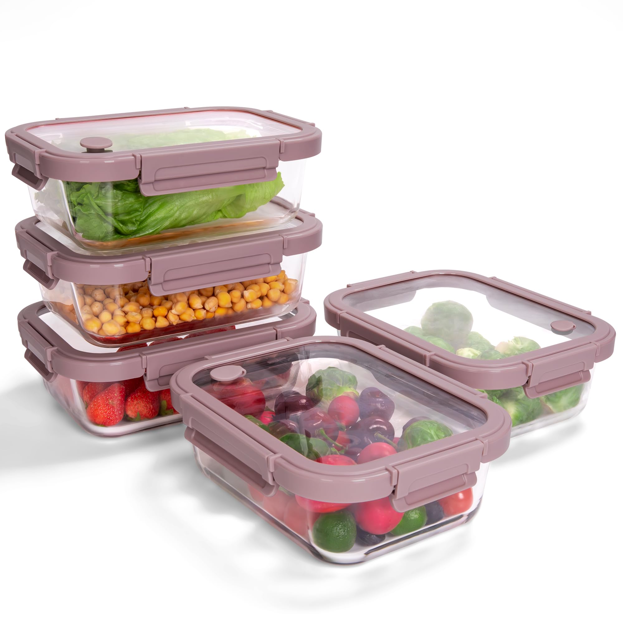 BOROHOUSE 35.2oz Glass Meal Prep Containers with Snap Lock Lids (5-Pack) - Freezer to Oven Safe –20°C to 510°C, BPA-Free, Stackable, Vent Valve for Easy Open, Borosilicate Glass Baking Dish（Pink）
