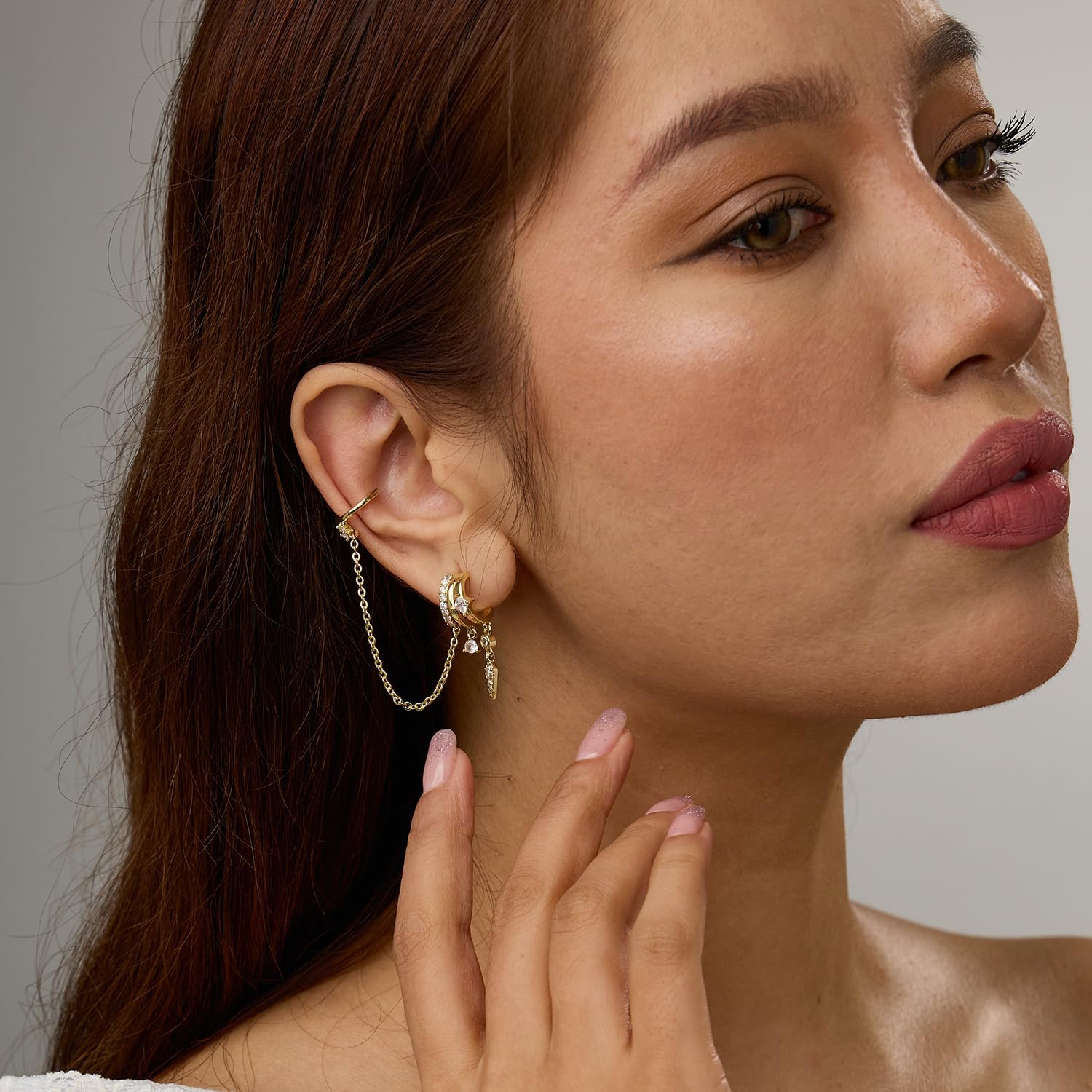 Hefanny Triple Huggie Stacked Earrings for Women Gold Chain Drop Dangle Earrings Cute Statement CZ Earrings Trendy Dainty Jewelry Gift - Image 7