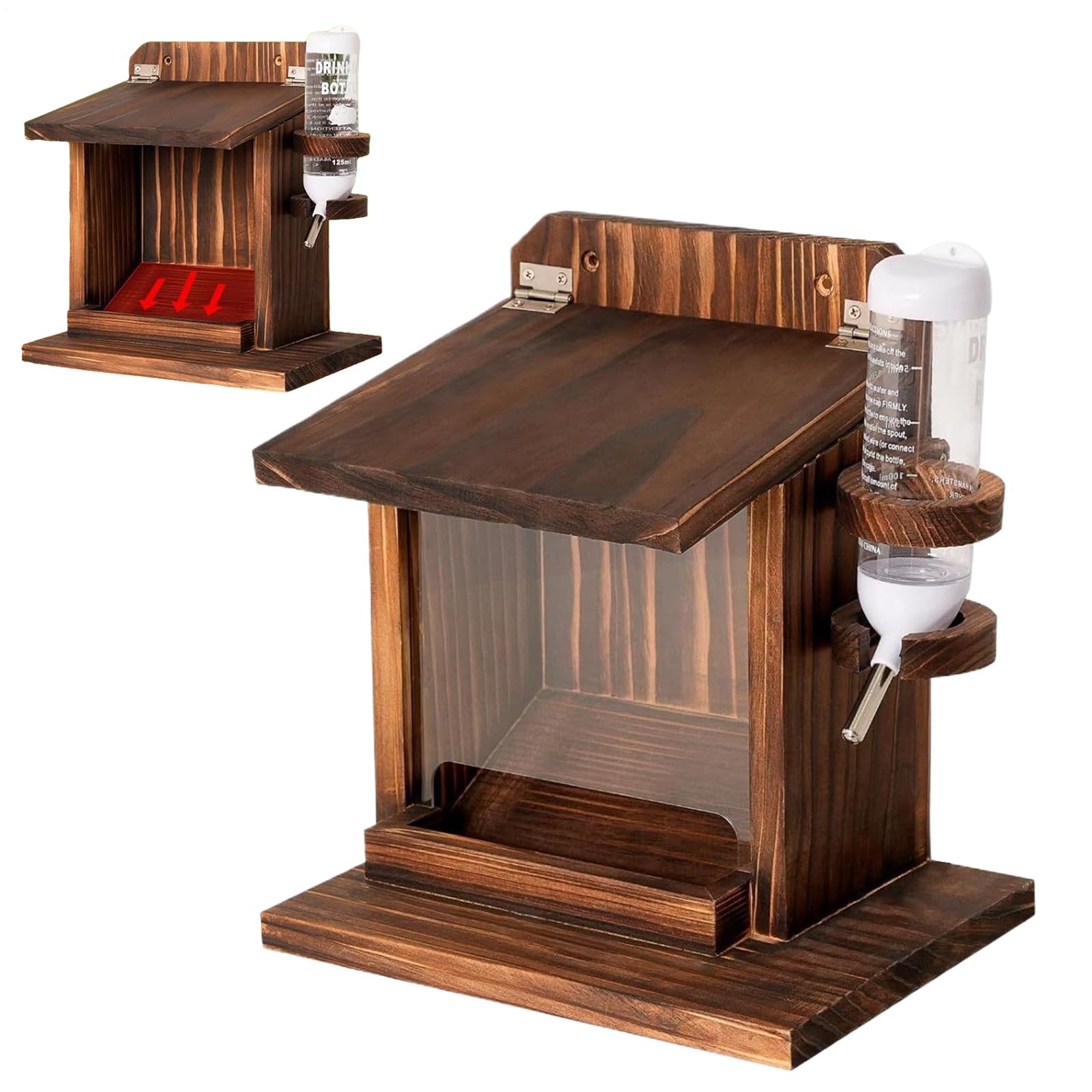 Squirrel Feeders for Outside - Chipmunk Feed Station with Water Bottle, Wooden Wall Mount Feeder | House for Bird Food Nuts Corn Cob Garden Tree Balcony Backyard Outdoor