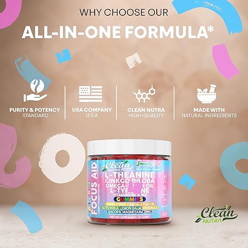 Miniatura 8 de Clean Nutra Kids Focus - Gomitas con L-teanina, ginkgo biloba, aceite de pescado omega-3, L-tirosina, vitamina B6, vitamina B12, 60 unidades,
