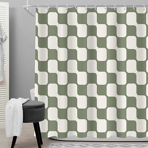Miniatura 2 de Cinbloo Cortina de ducha retro verde salvia a cuadros de 72 pulgadas de ancho x 72 pulgadas de alto, abstracto, Y2K, lindo tablero de ajedrez beige,