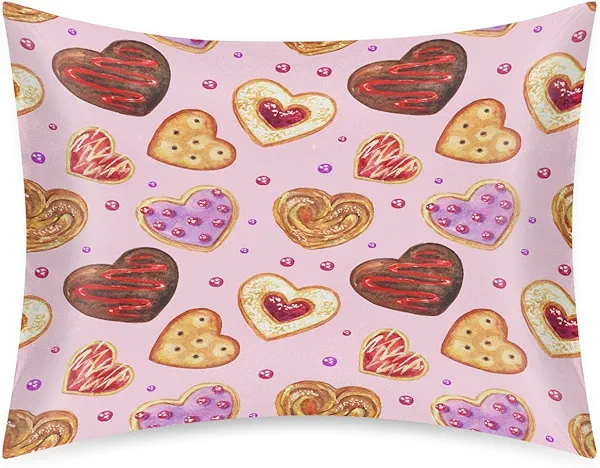 Satin Pillowcase for Hair Skin, Heart Silk Pillowcase with Envelope Closure, Standard Size Cookies in Heart Pillow Cover for Bedroom Home Christmas Decorations Xmas Gifts for Mom Daughter Women Men
