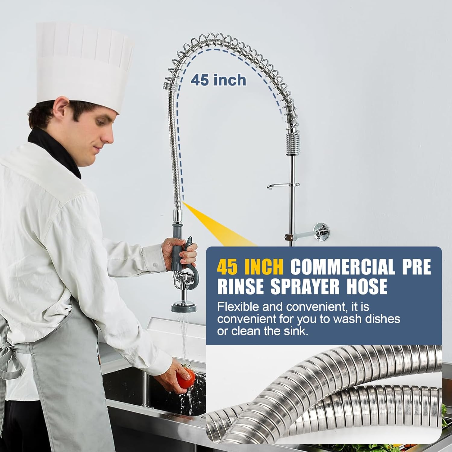 45" Commercial Sink Sprayer Hose, 45 Inches Pre Rinse Hose with Stainless Steel Spring & Heat Resistant Handle, Sink Hose Spring Replacement for Commercial Restaurant Industrial Kitchen Sink Faucet