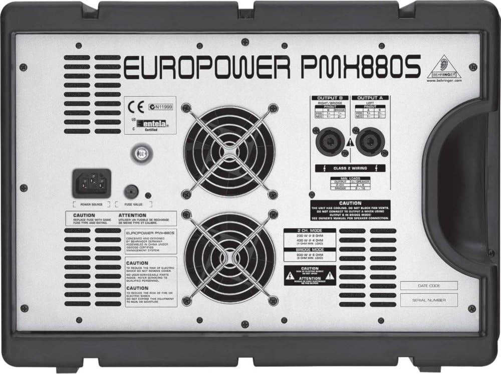Bag view of the Behringer Europower PMH880S Powered Mixer, showing power input, fuse, cooling fans, and speaker outputs.
