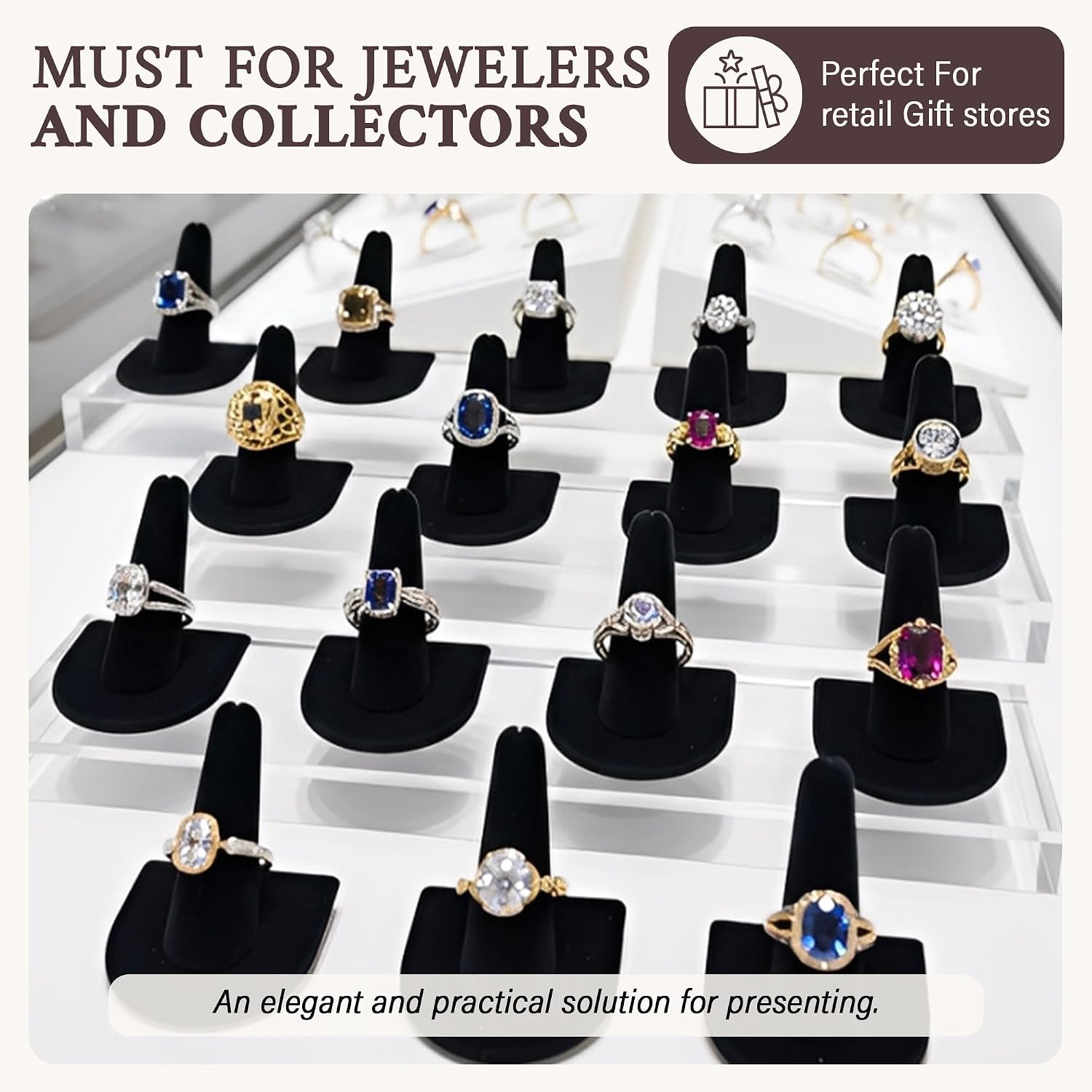 RJ Displays 6 Pcs Black Velvet Rings Display Stand, Jewelry Holder Organizer for Wedding, Showcase & Selling-Perfect Ring Display Case-Jewelry Ring Organizer holder-Perfect Rings stand for vendors