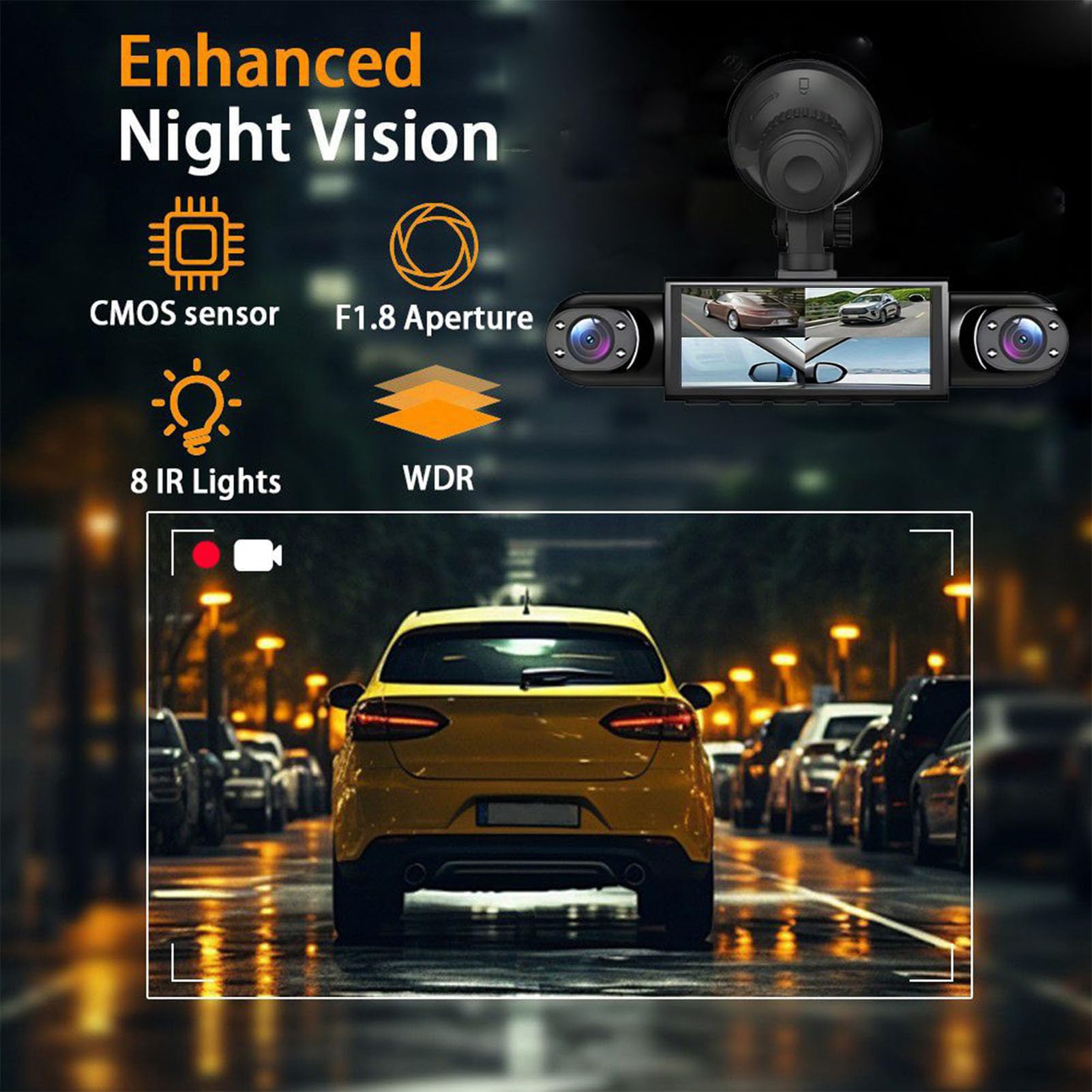 Dash Cam a – 1080p Full View, anteriore sinistro destro e posteriore, registrazione visione notturna, monitor display retromarcia | per taxi camion guida punti ciechi sicurezza