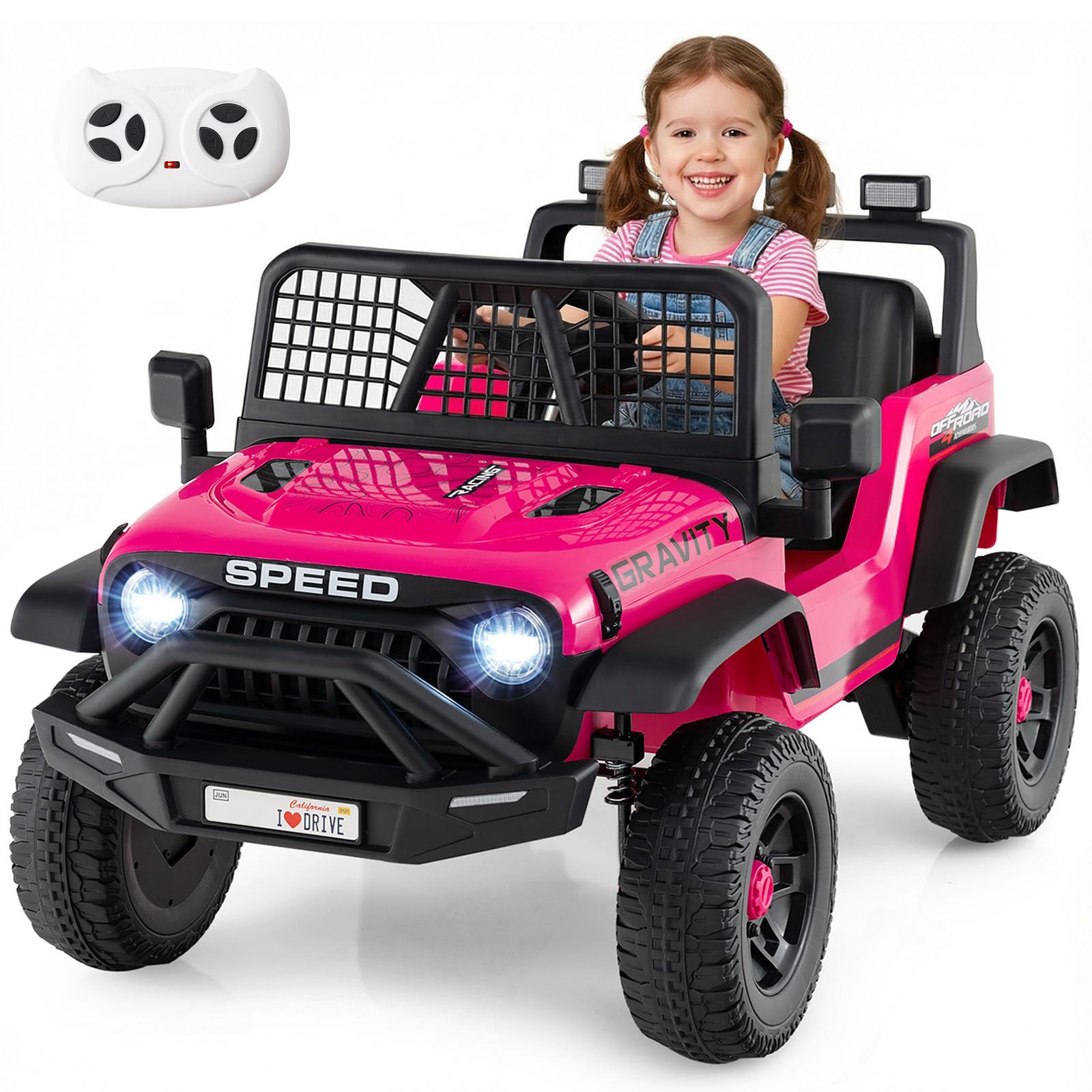 COSTWAY 24V Kids Ride on Car with Remote Control, LED Lights, Horn (Pink)