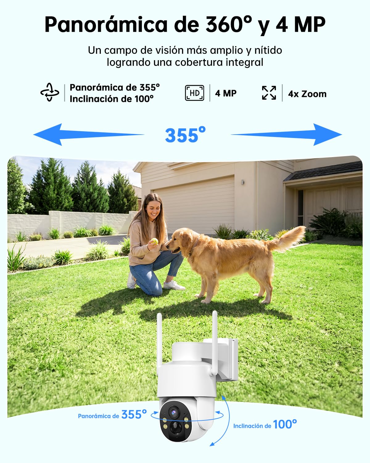Tical 24/7 Grabación AOV Cámara Vigilancia 4g Exterior Solar con SIM, 2.5K 4MP Camara Exterior Solar con 9000mAh Batería, Detección IA, 360° PTZ, Visión Nocturna en Color, Audio Bidireccional,Blanco