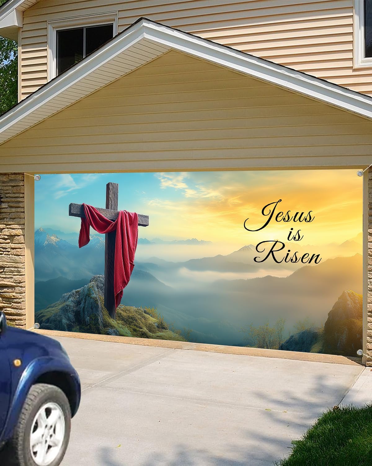 13X6FT Jesus Christ Cross Garage Door Cover Decorations He is Risen Cross on The Mountain Top Sunrise Sky Backdrop Holy Light Jesus Resurrection Christian Easter Church Party Decorations Banner