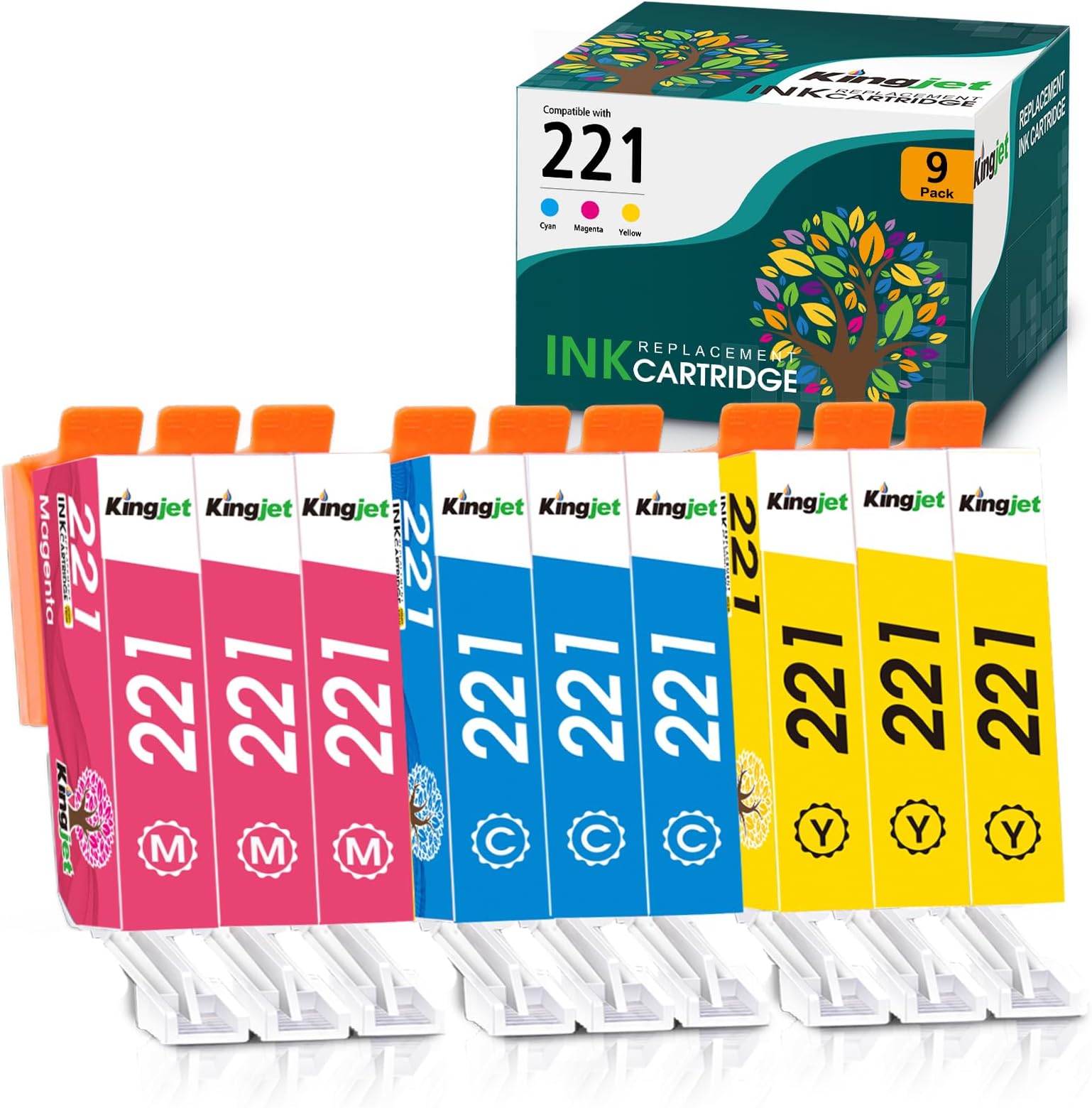Kingjet Compatible for Canon 221 Ink Cartridges for Printers Replacement for CLI-221 CLI221 Work with PIXMA MP560 MP620 MP620B MP640 MP980 MP990 MX860 IP3600 IP4600 IP4700, 9 Pack for 221XL Color Ink