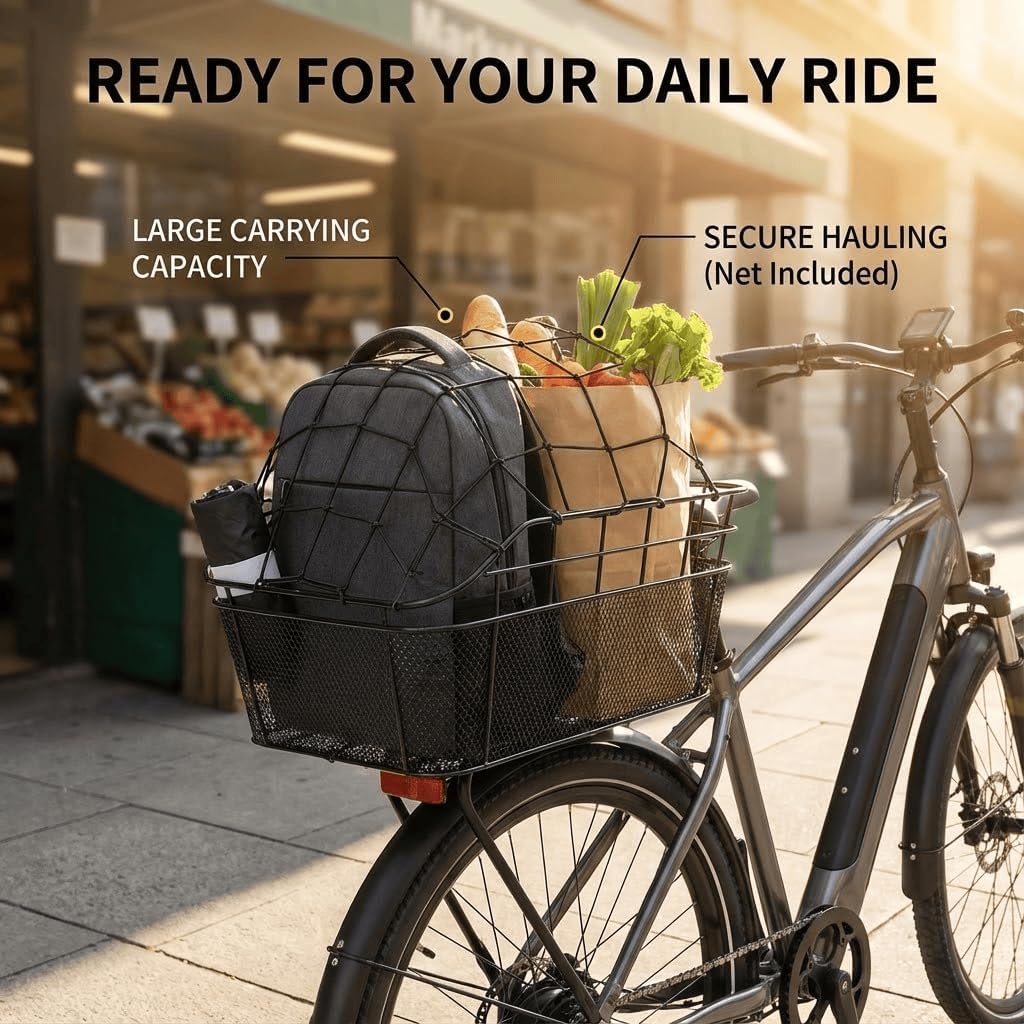 ANZOME Rear Bike Basket, Waterproof Metal Wire Bicycle Basket with Adjustable Cargo Net and Waterproof Rainproof Cover Fits to Most Rear Bike Racks