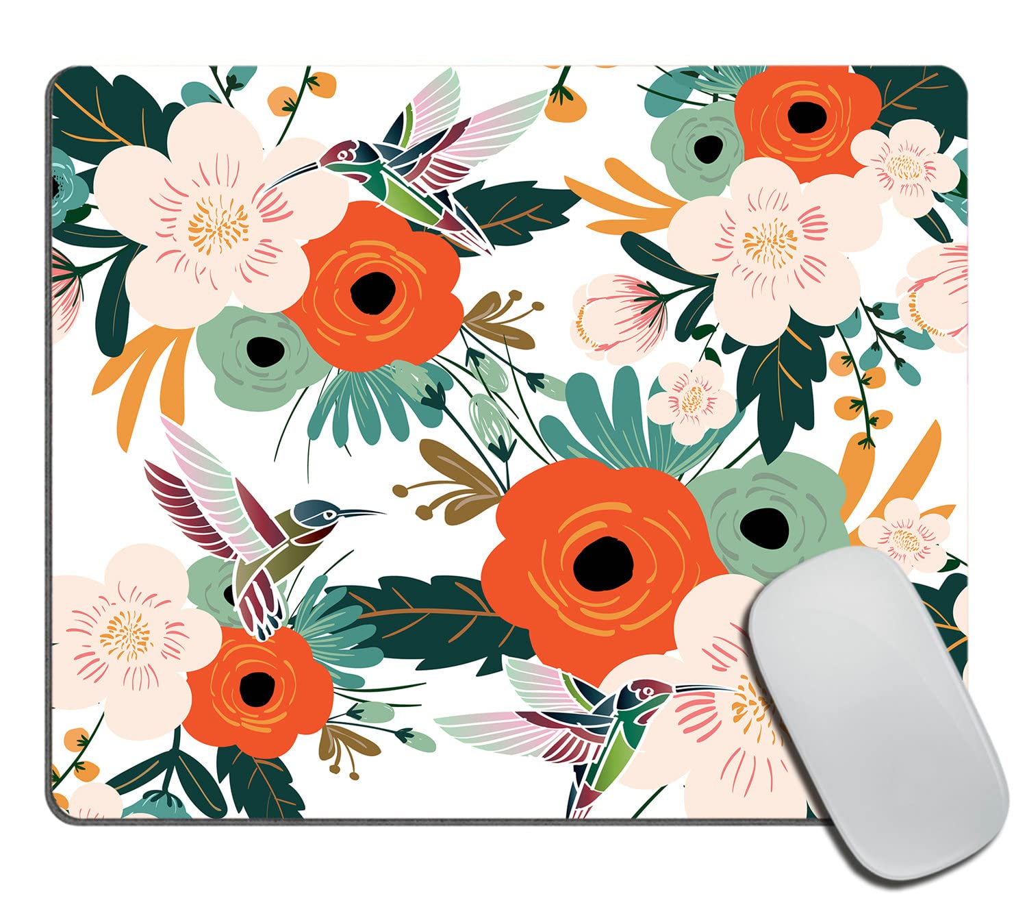 Mouse Pad, Flower and Hummingbird Spring Red Flower Green Leaves Boho Mouse Pad, Mouse Mat Square Mouse Pad Non-Slip Rubber Base MousePads for Office Laptop, 9.5"x7.9"x0.12" Inch