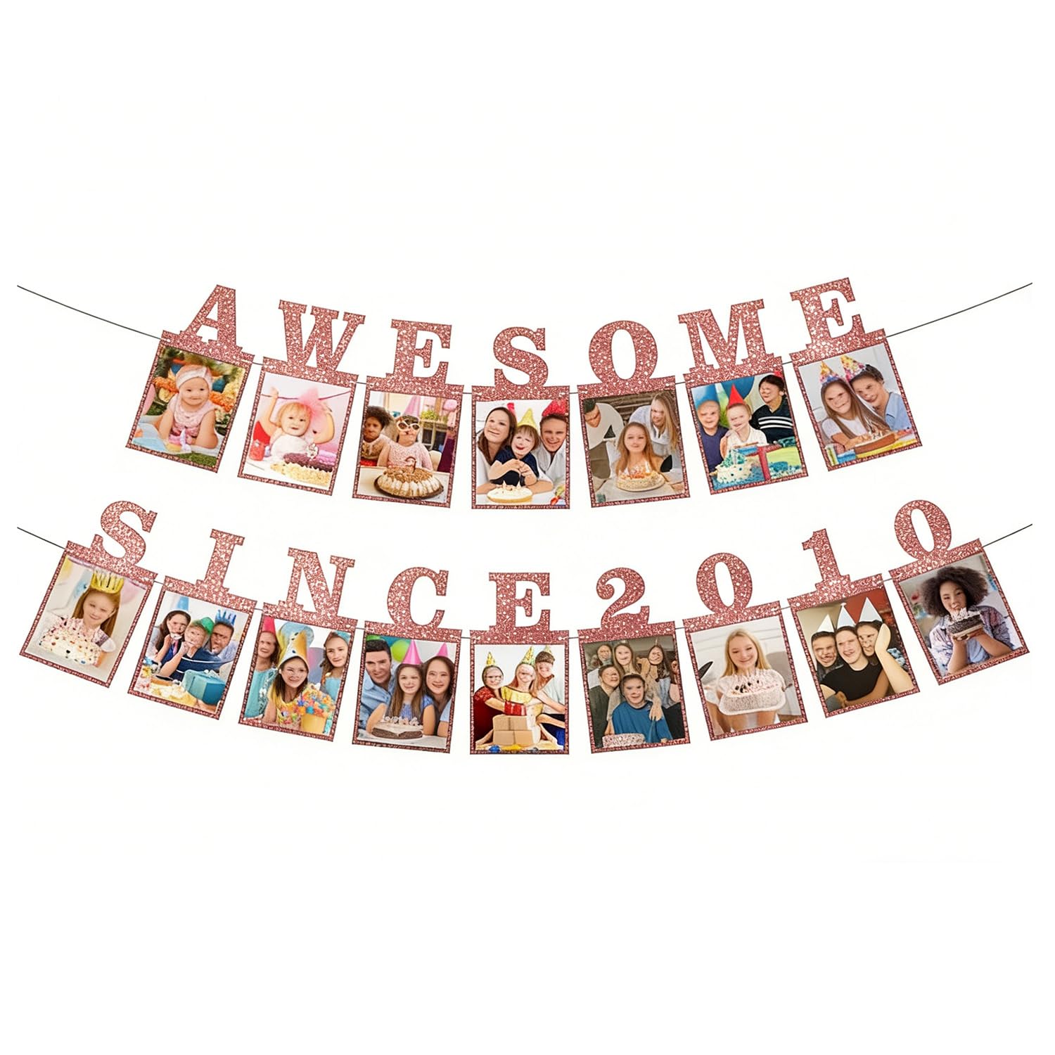 16th Birthday Photo Banner, Awesome Since 2010, Black Glitter, 4x6 Picture Display, Easy to Assemble, Party Decoration (Pink, 16th Birthday)
