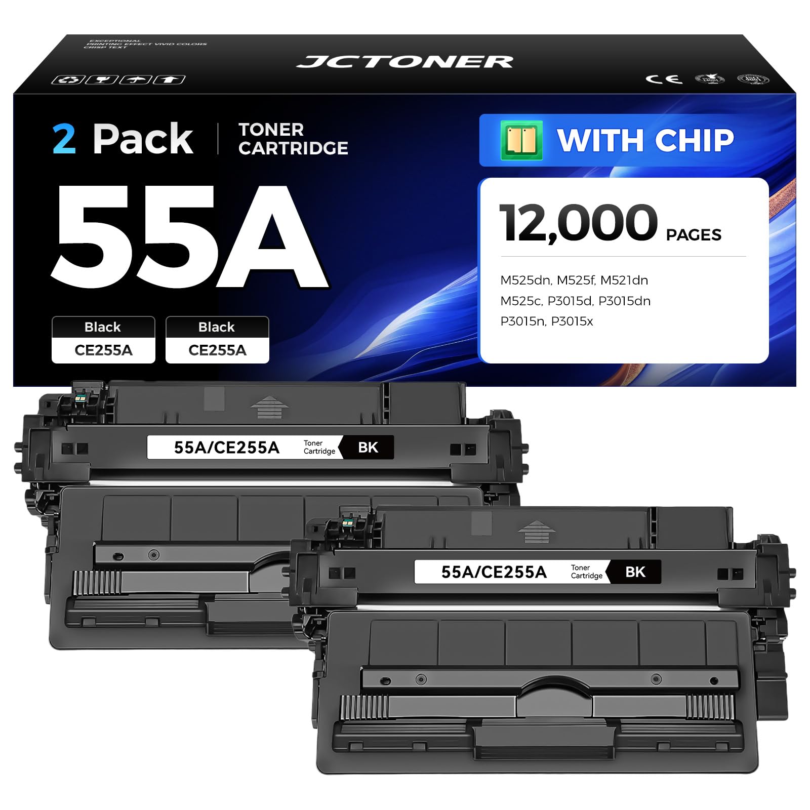 Photo 1 of 55A Black Toner Cartridge 2-Pack with chip High Yield Replacement for HP 55A CE255A Compatible with LaserJet Enterprise 500 MFP M525dn M525f Flow M525c P3015d P3015dn P3015n P3015x Pro M521dn Printer