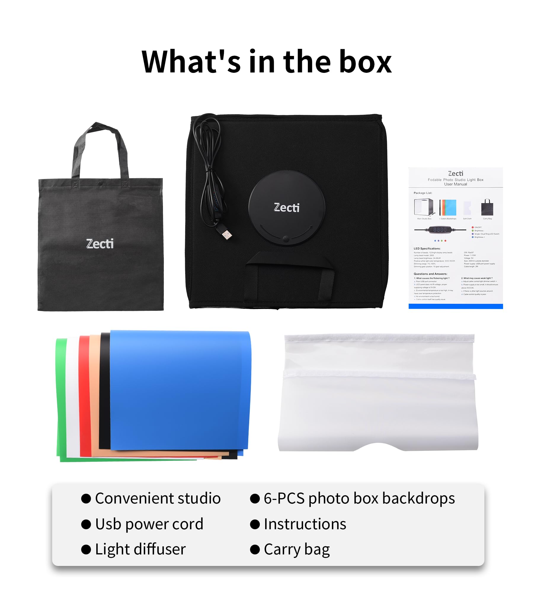 Studio Photo Box Portable 30x30 cm, Boîtes de Lumière Kit avec 120pcs LED Réglable & 6 Fonds pour Photographie de Produits