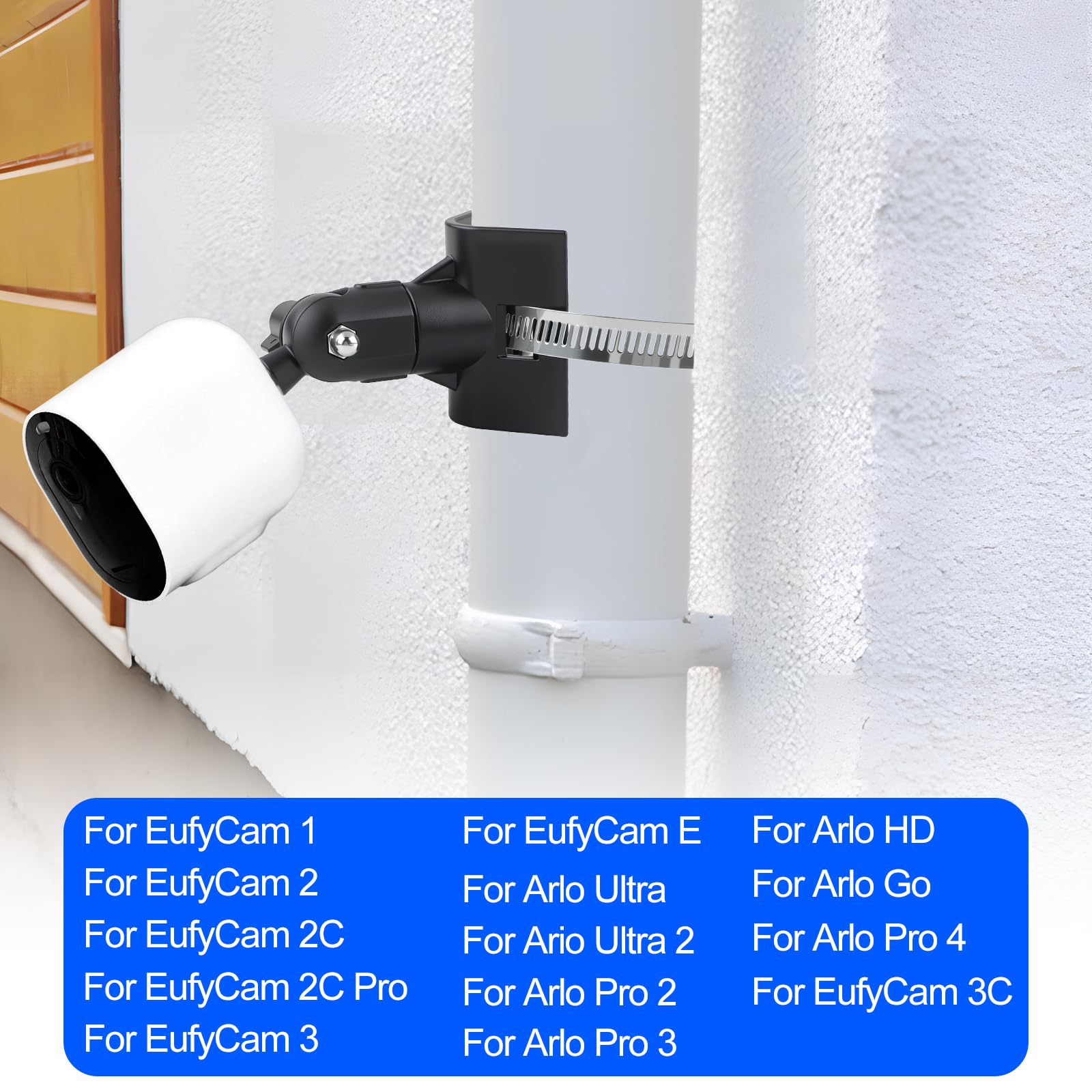Support pour Eufycam 2 2C 2C Pro 3 3C 1 E Arlo Ultra 2 Pro 2 3 4 Reolink Aosu et autres avec Trou de Vis 1/4" Réglable Support avec 4 Boucles pour Caméra Eufy Montage sur Poteau Extérieur Noir
