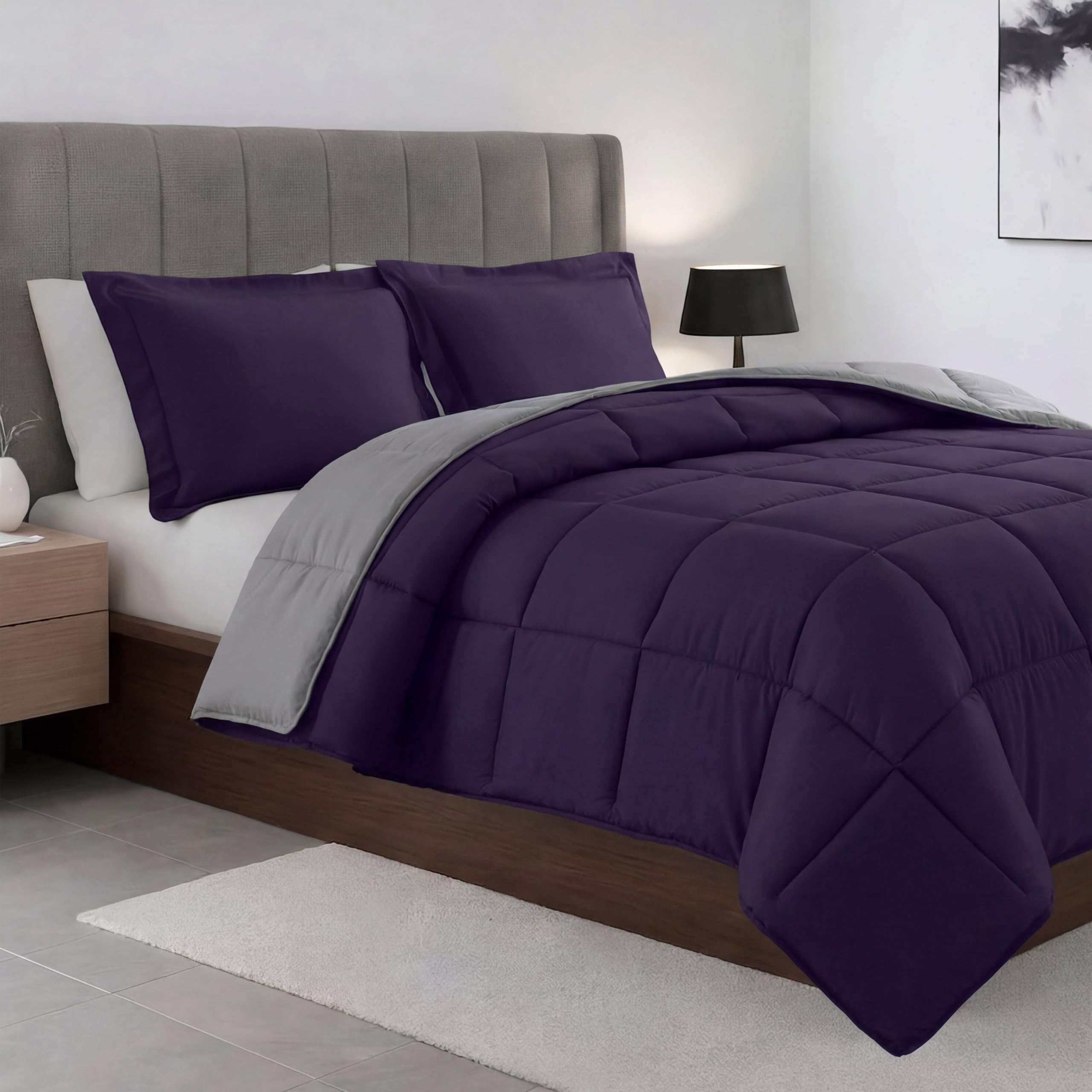 Elegant Comfort Purple/Gray All Season Quilted 3-Piece Reversible Comforter Set-Duvet Insert With 4 Corner Tabs, Box Stitched Down Alternative, Cozy And Soft Comforter Set With Shams, Twin,