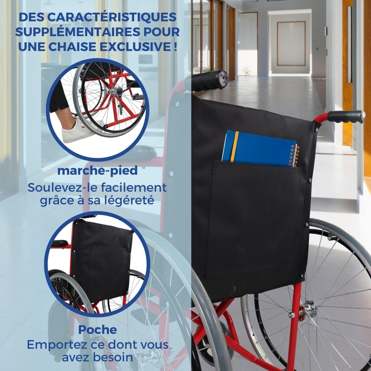 Mobiclinic®, Fauteuil roulant pliable, Auto-propulsé, Chaise roulante, Alcazaba, Assise 46 cm, Système de franchissement des bordures, Repose-pieds rabattables, Anti-crevaison, Frein sur les roues