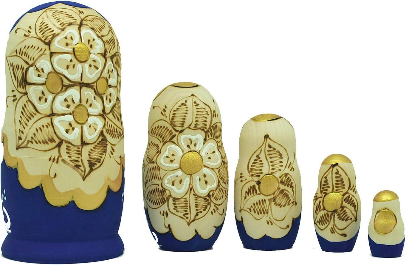 Authentic Russian Hand Painted Handmade Russian Blue Nesting Dolls Set of 5 Pc Matryoshkas