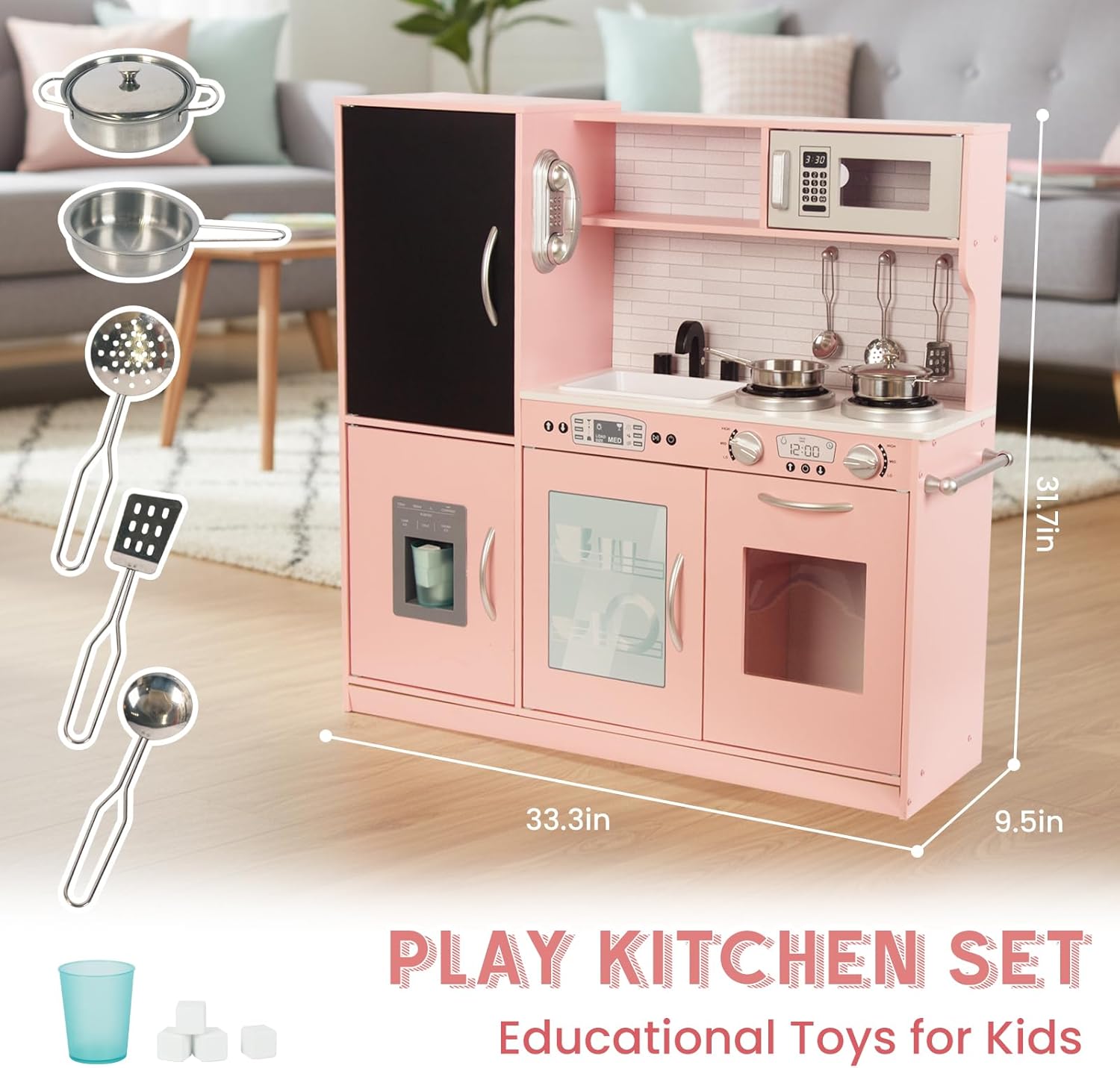 Kitchen Playset for Kids Ages 3-8, Wooden Kids Play Kitchen Chef Pretend Play Set for Toddlers, Toys Kitchen with Toy Food & Cookware Accessories